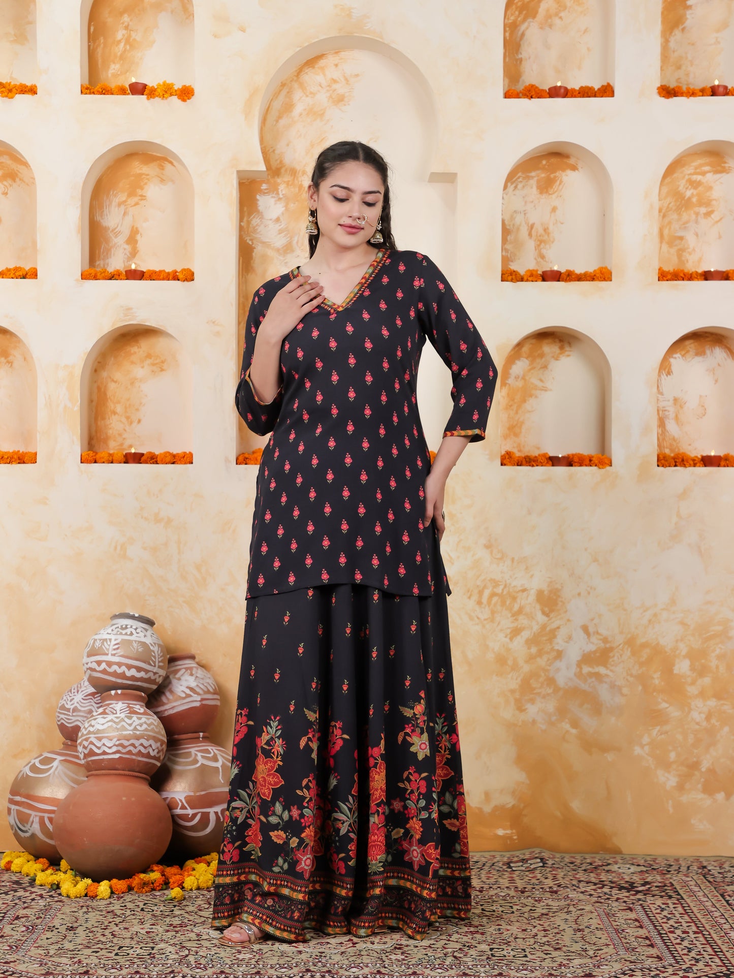 Viscose Placement Print Straight Black Kurta