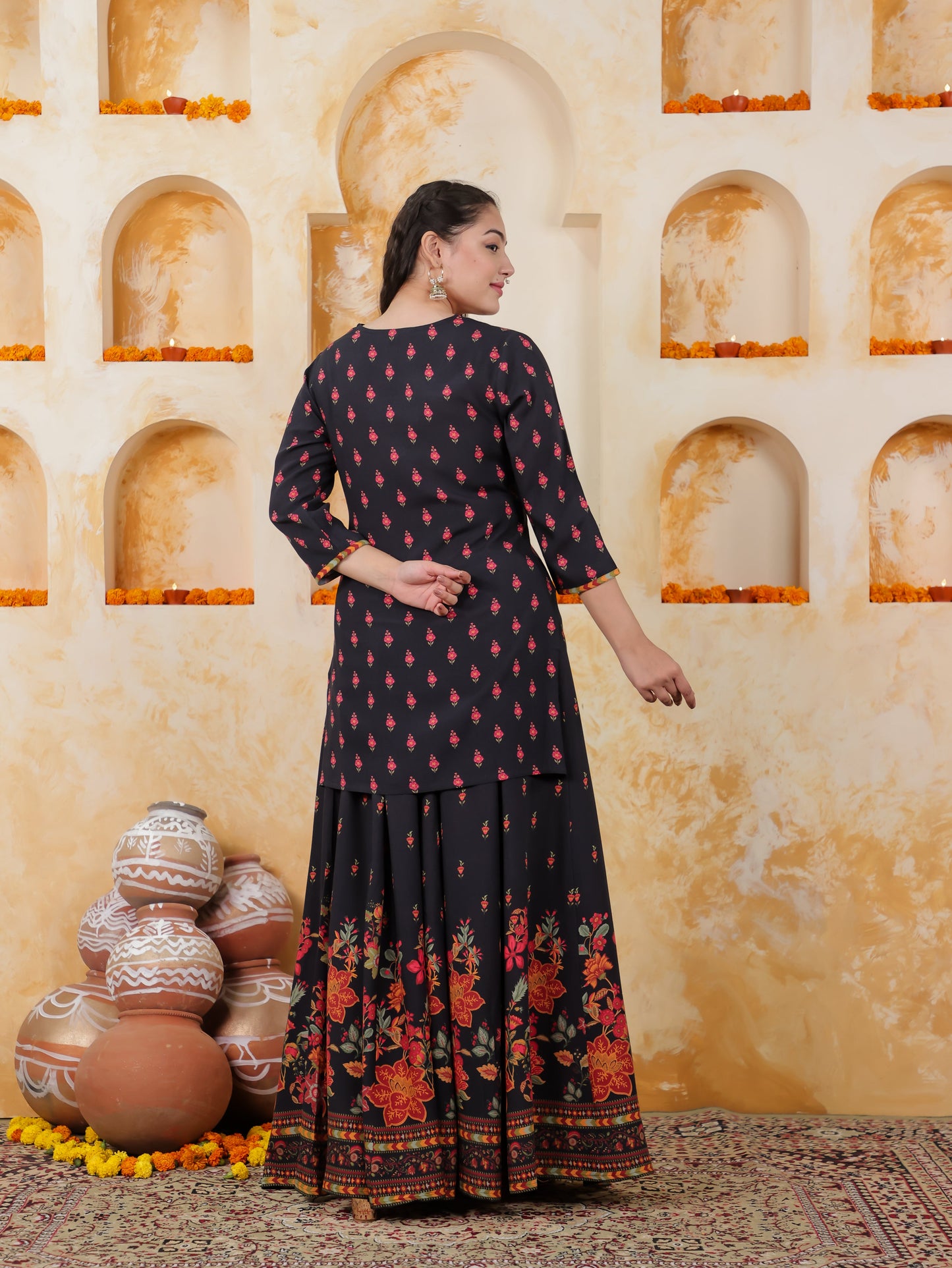 Viscose Placement Print Straight Black Kurta