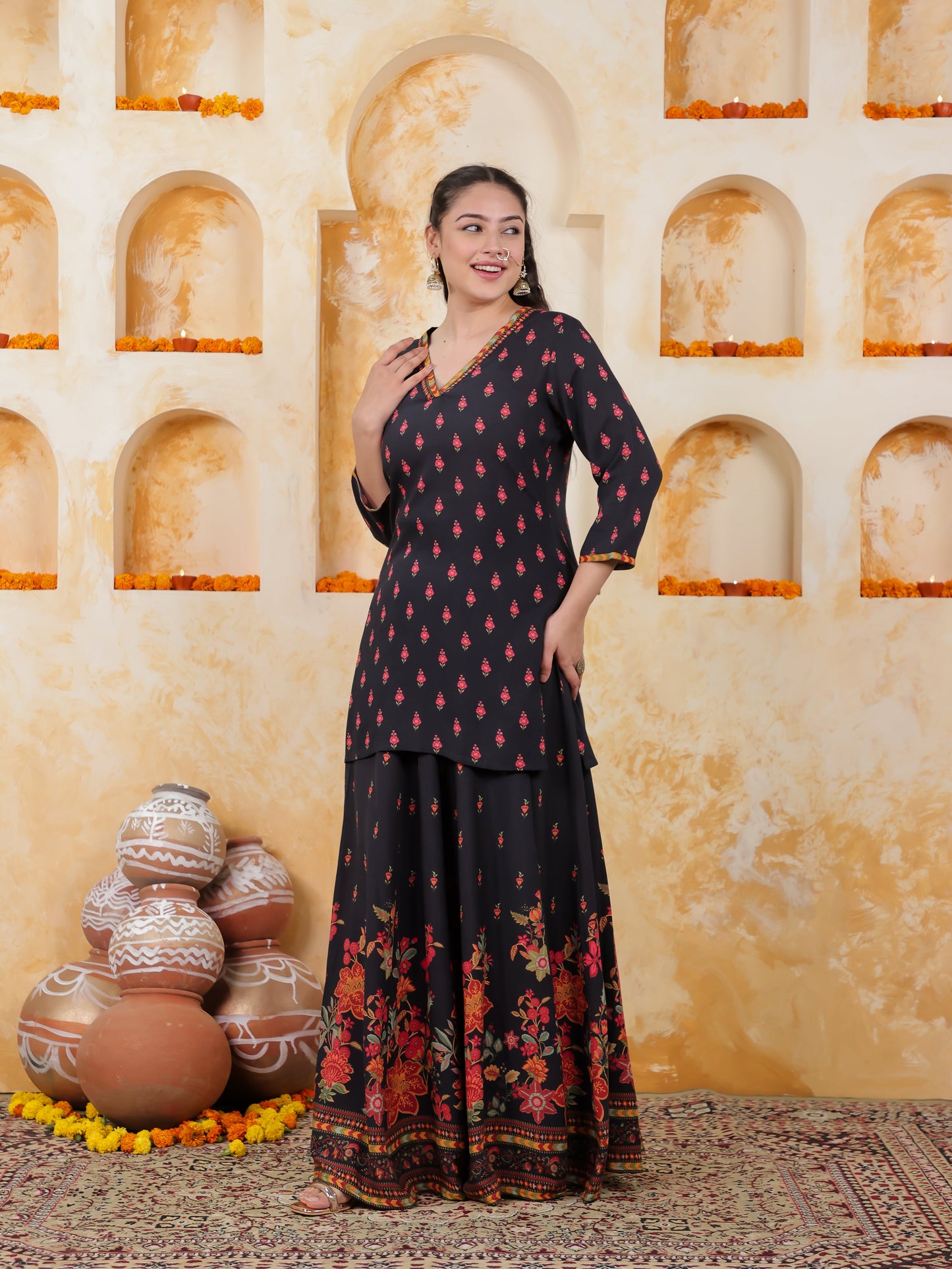 Viscose Placement Print Straight Black Kurta