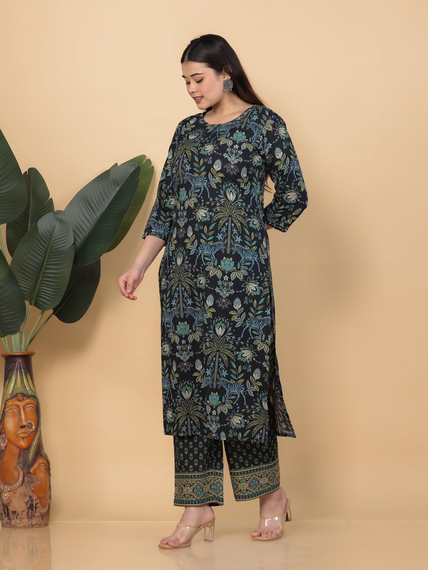 Embroidered Soft Cotton Floral Straight Black Kurta