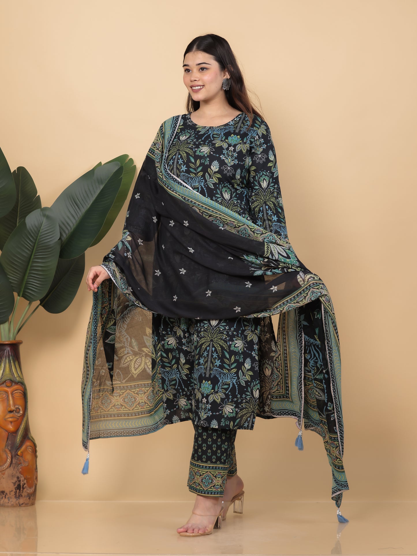 Embroidered Soft Cotton Floral Straight Black Kurta