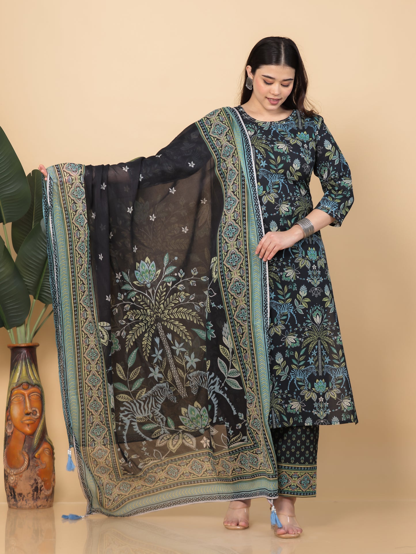 Embroidered Soft Cotton Floral Straight Black Kurta