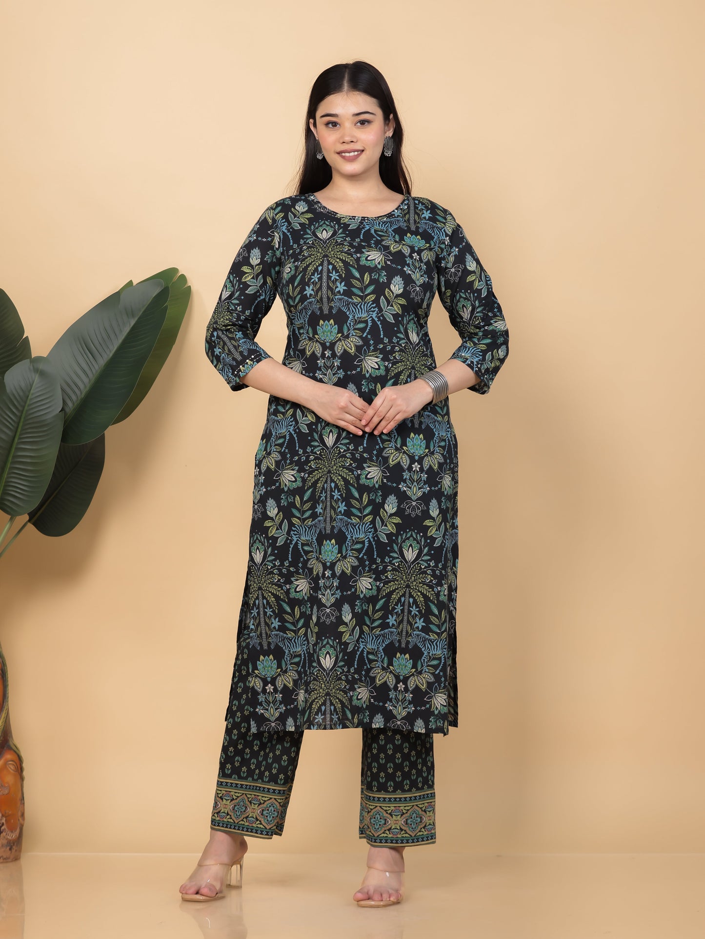 Embroidered Soft Cotton Floral Straight Black Kurta