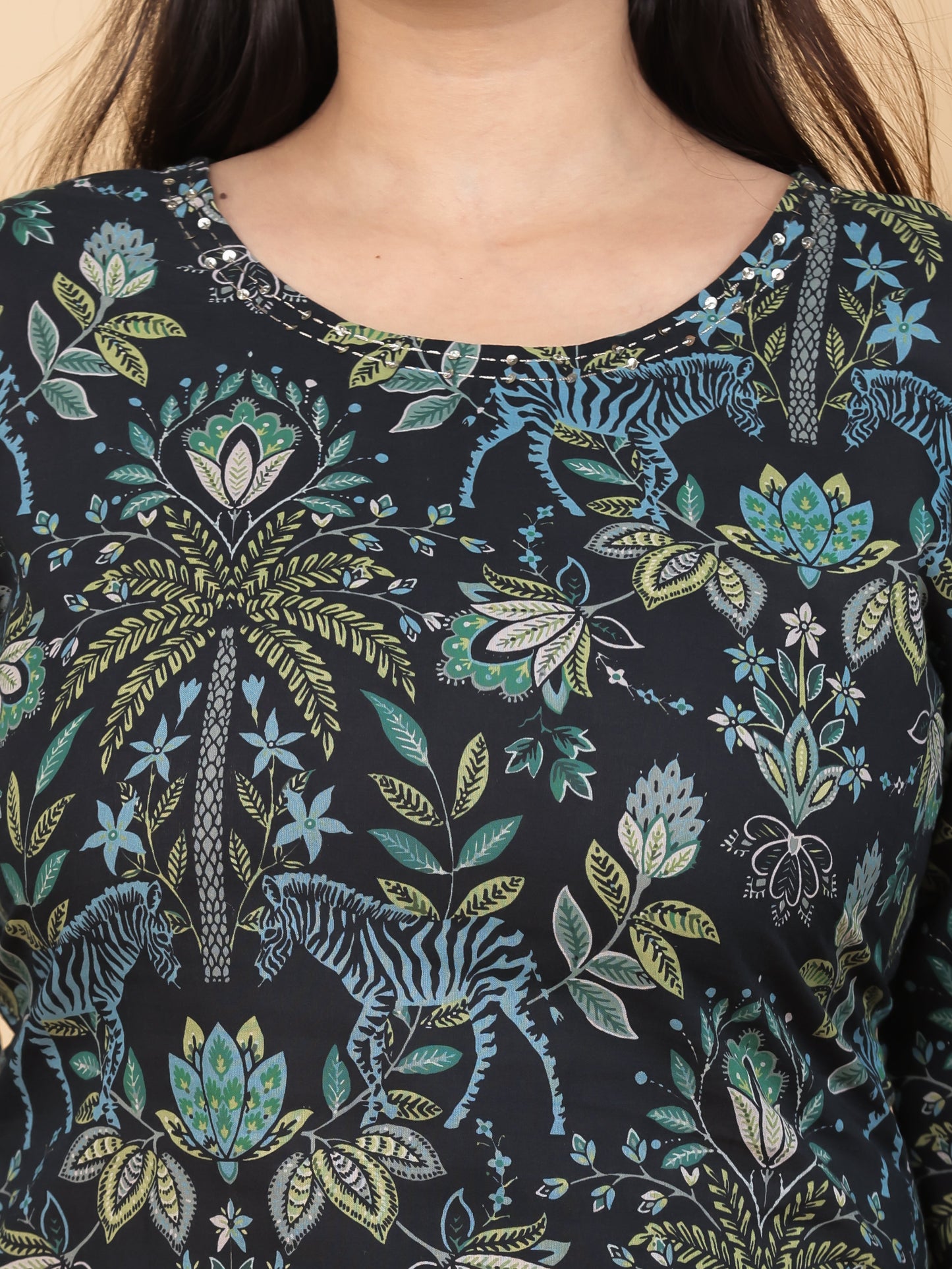 Embroidered Soft Cotton Floral Straight Black Kurta
