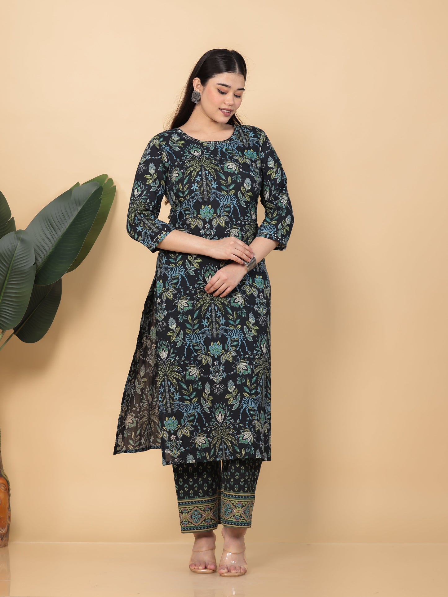 Embroidered Soft Cotton Floral Straight Black Kurta