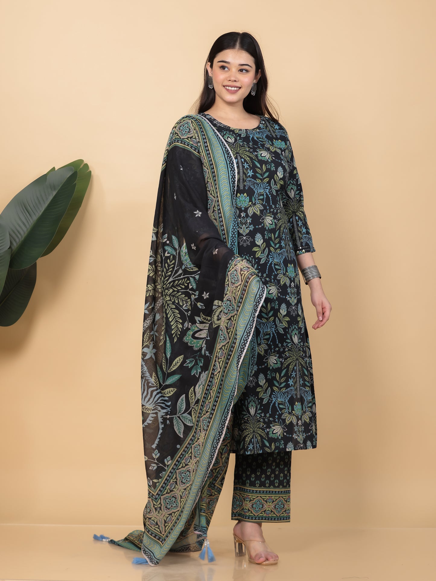 Embroidered Soft Cotton Floral Straight Black Kurta