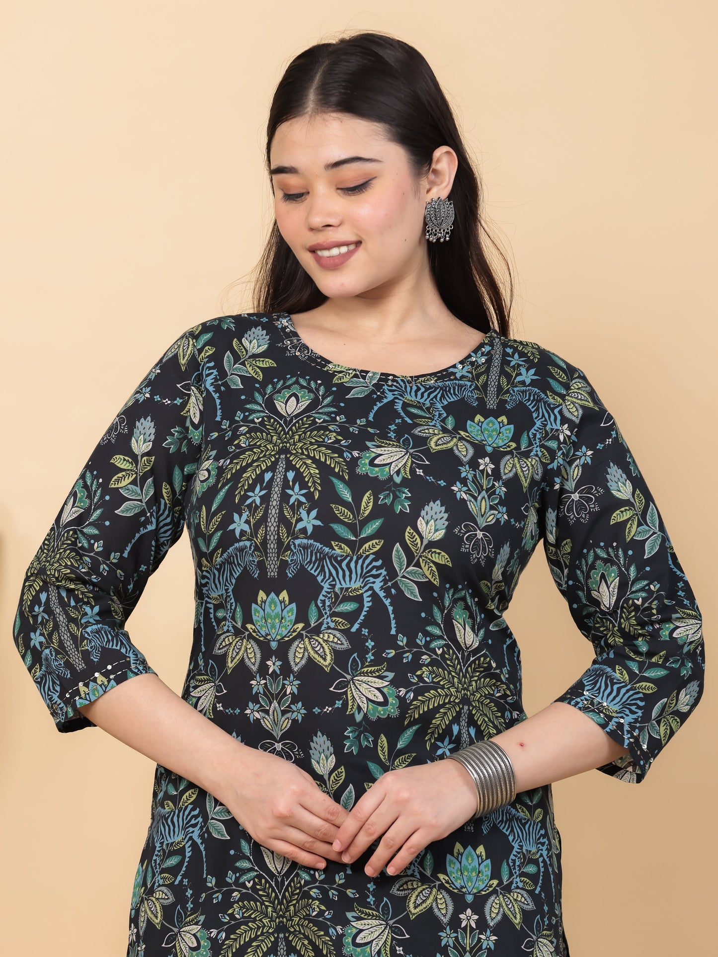 Embroidered Soft Cotton Floral Straight Black Kurta