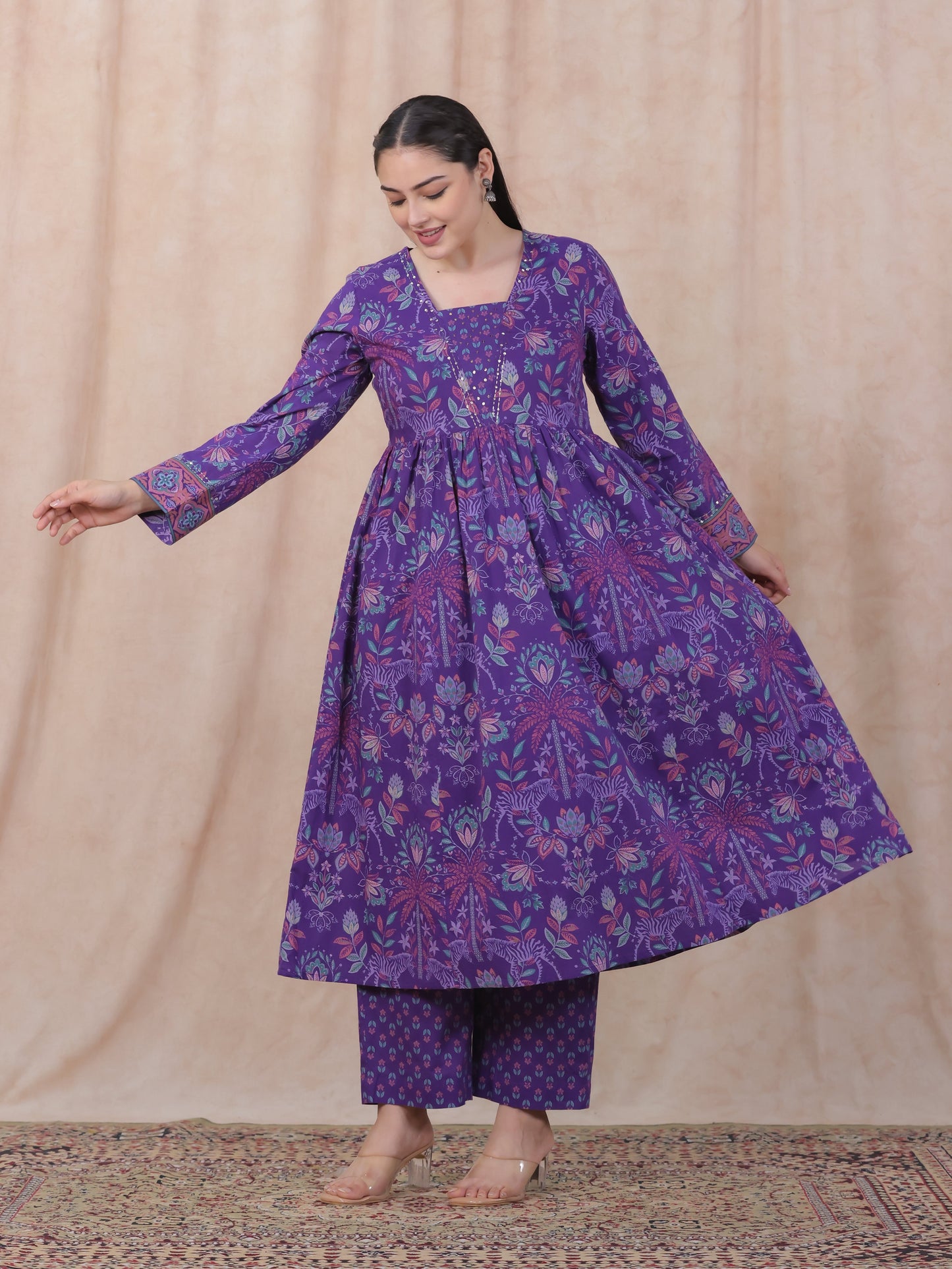Embroidered Soft Cotton Floral Anarkali Purple Kurta