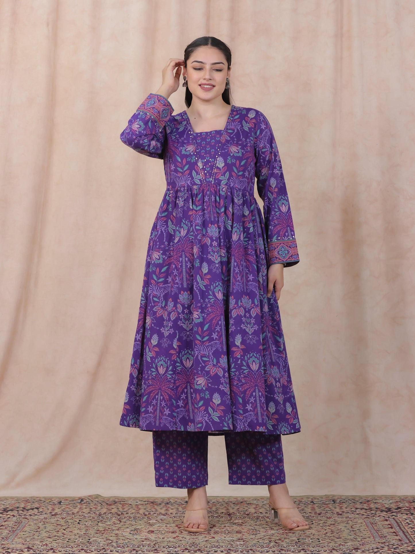 Embroidered Soft Cotton Floral Anarkali Purple Kurta