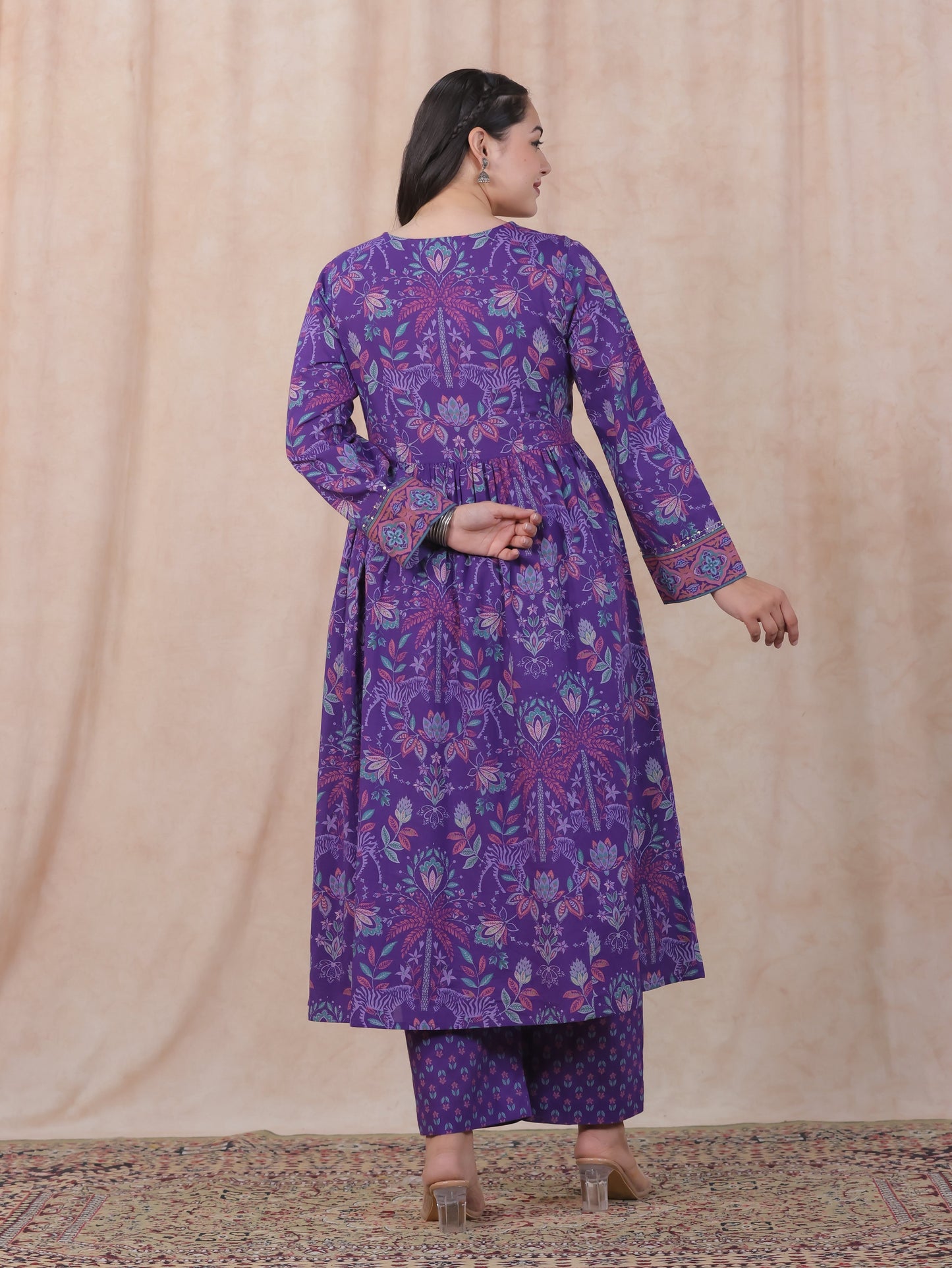 Embroidered Soft Cotton Floral Anarkali Purple Kurta