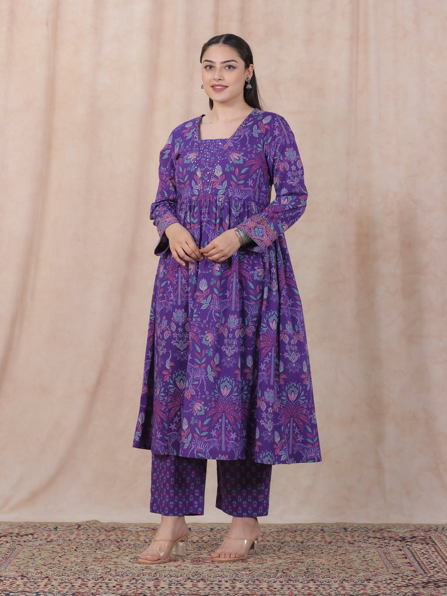 Embroidered Soft Cotton Floral Anarkali Purple Kurta