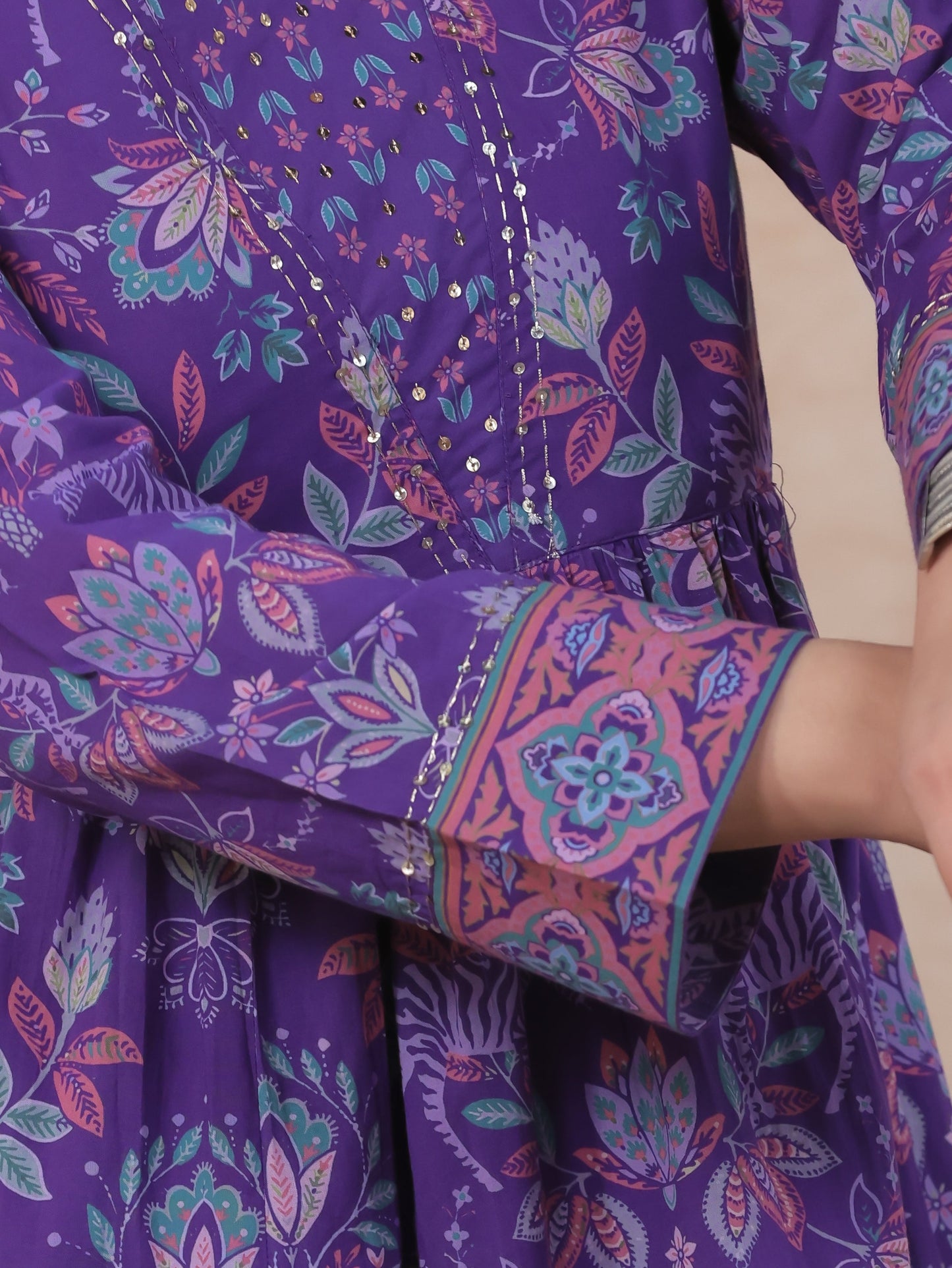 Embroidered Soft Cotton Floral Anarkali Purple Kurta