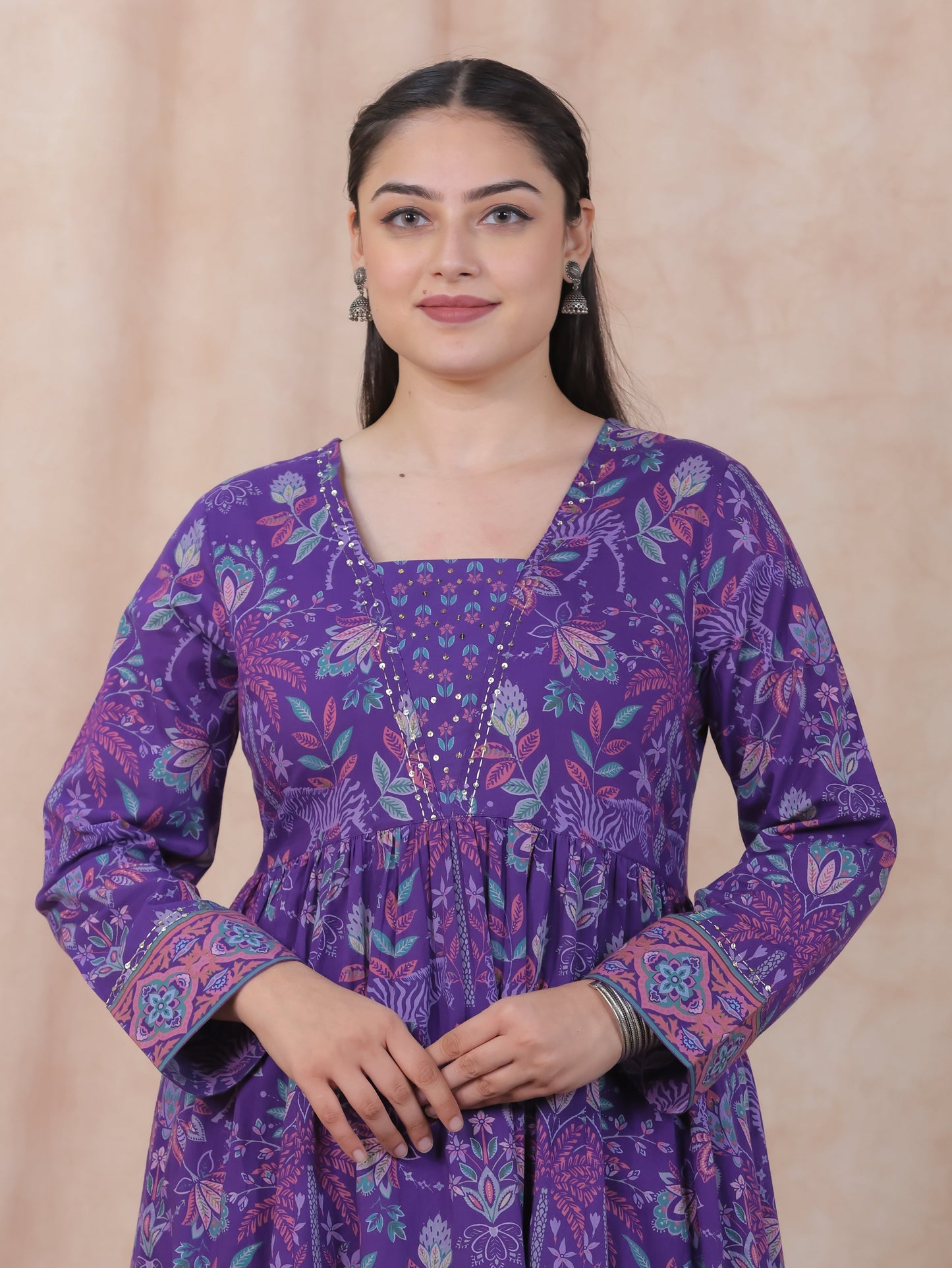 Embroidered Soft Cotton Floral Anarkali Purple Kurta
