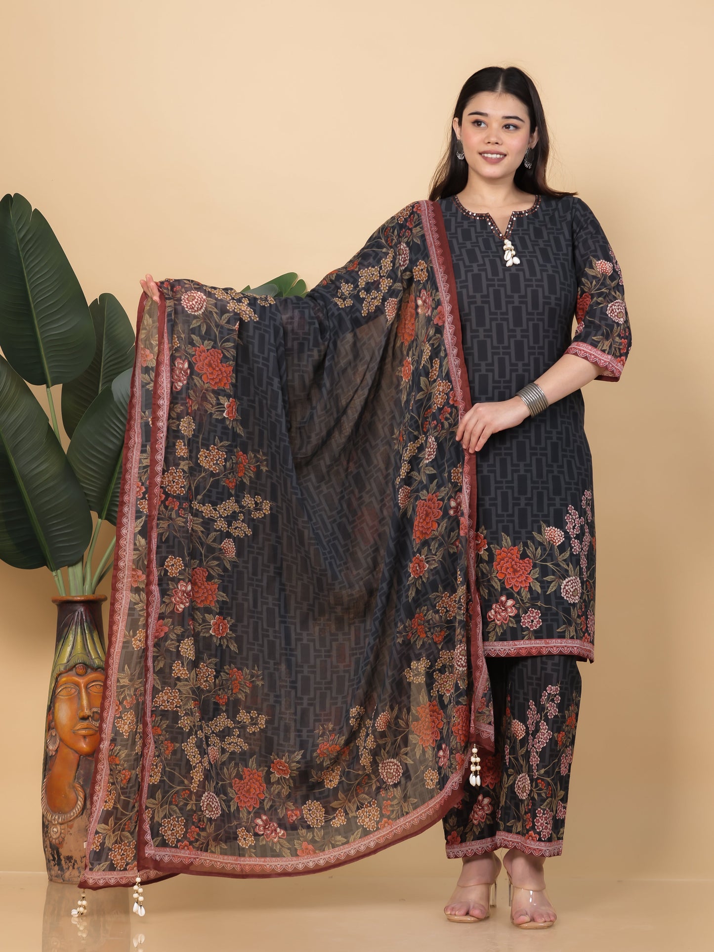 Cotton Voile Floral Black Dupatta