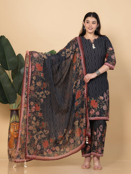 Cotton Voile Floral Black Dupatta