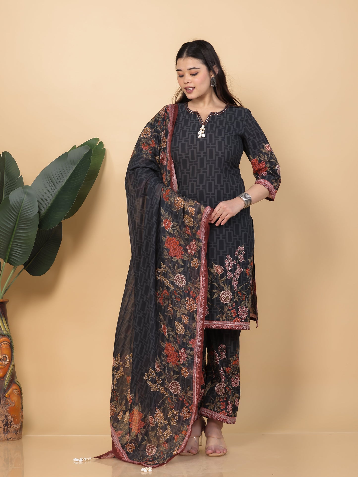 Cotton Voile Floral Black Dupatta