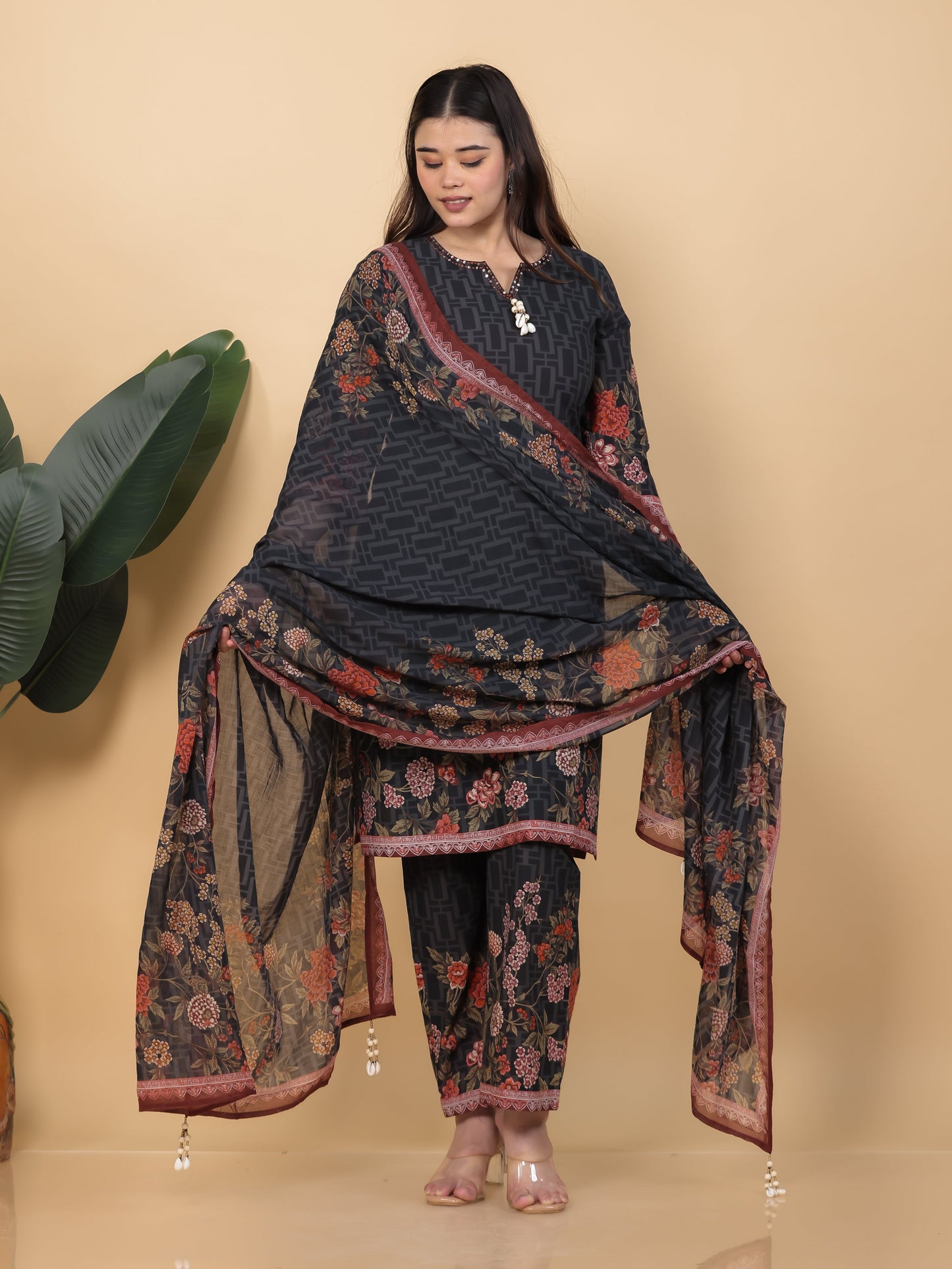 Cotton Voile Floral Black Dupatta