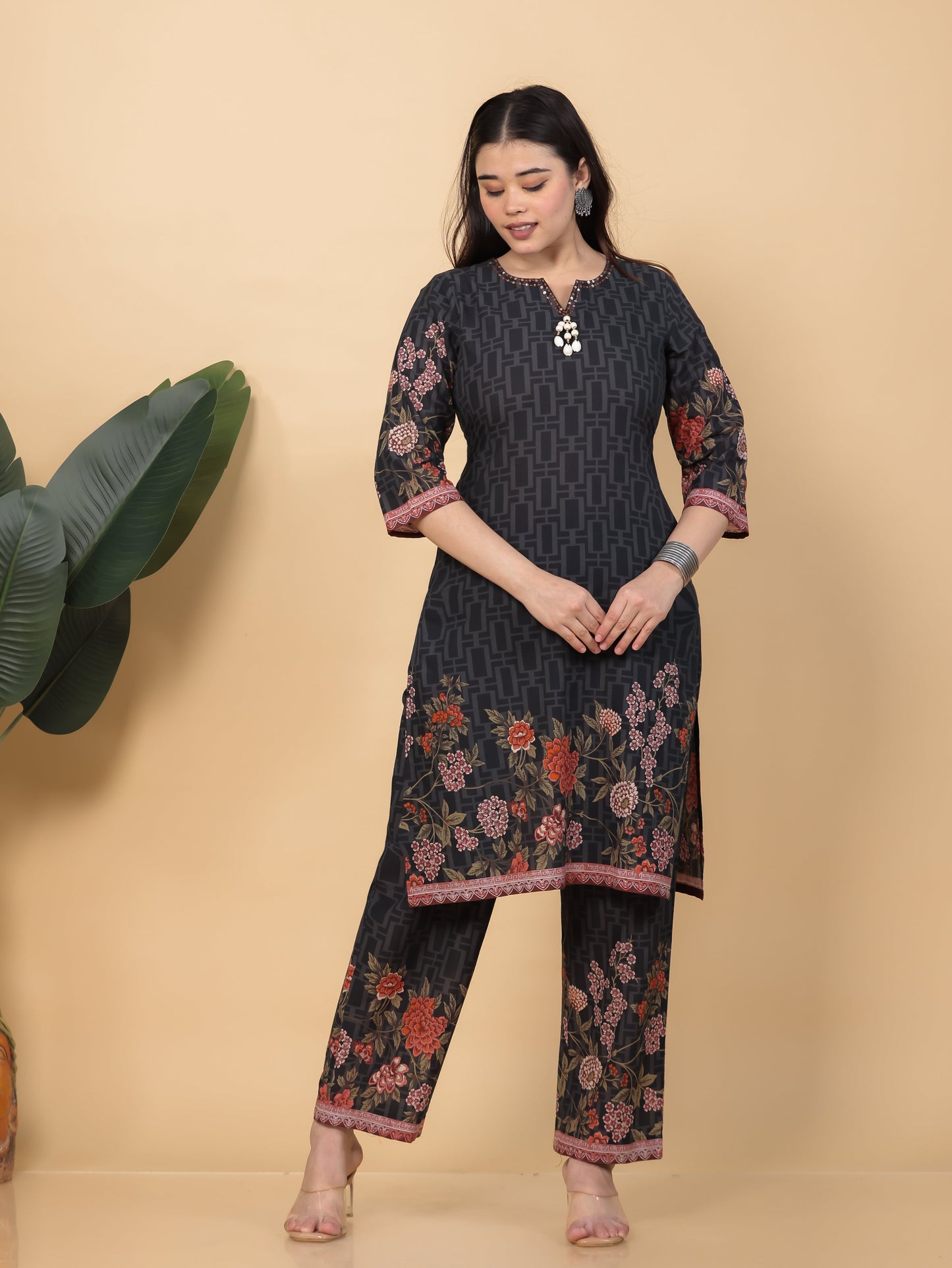Embroidered Soft Cotton Placement Print Straight Black Kurta