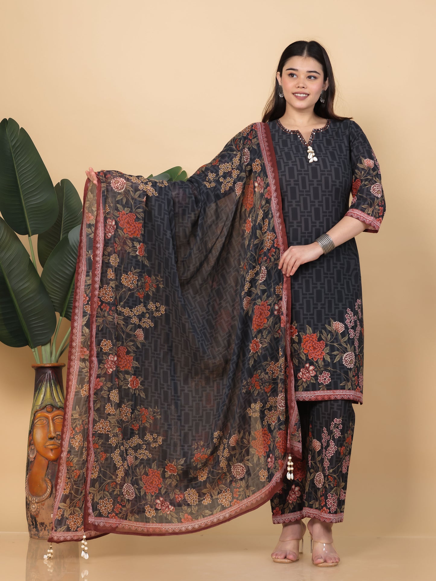 Embroidered Soft Cotton Placement Print Straight Black Kurta