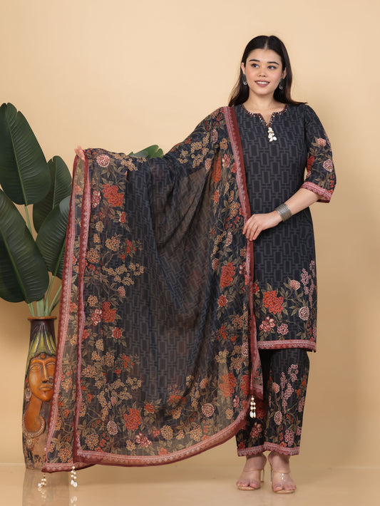 Embroidered Soft Cotton Placement Print Straight Black Kurta