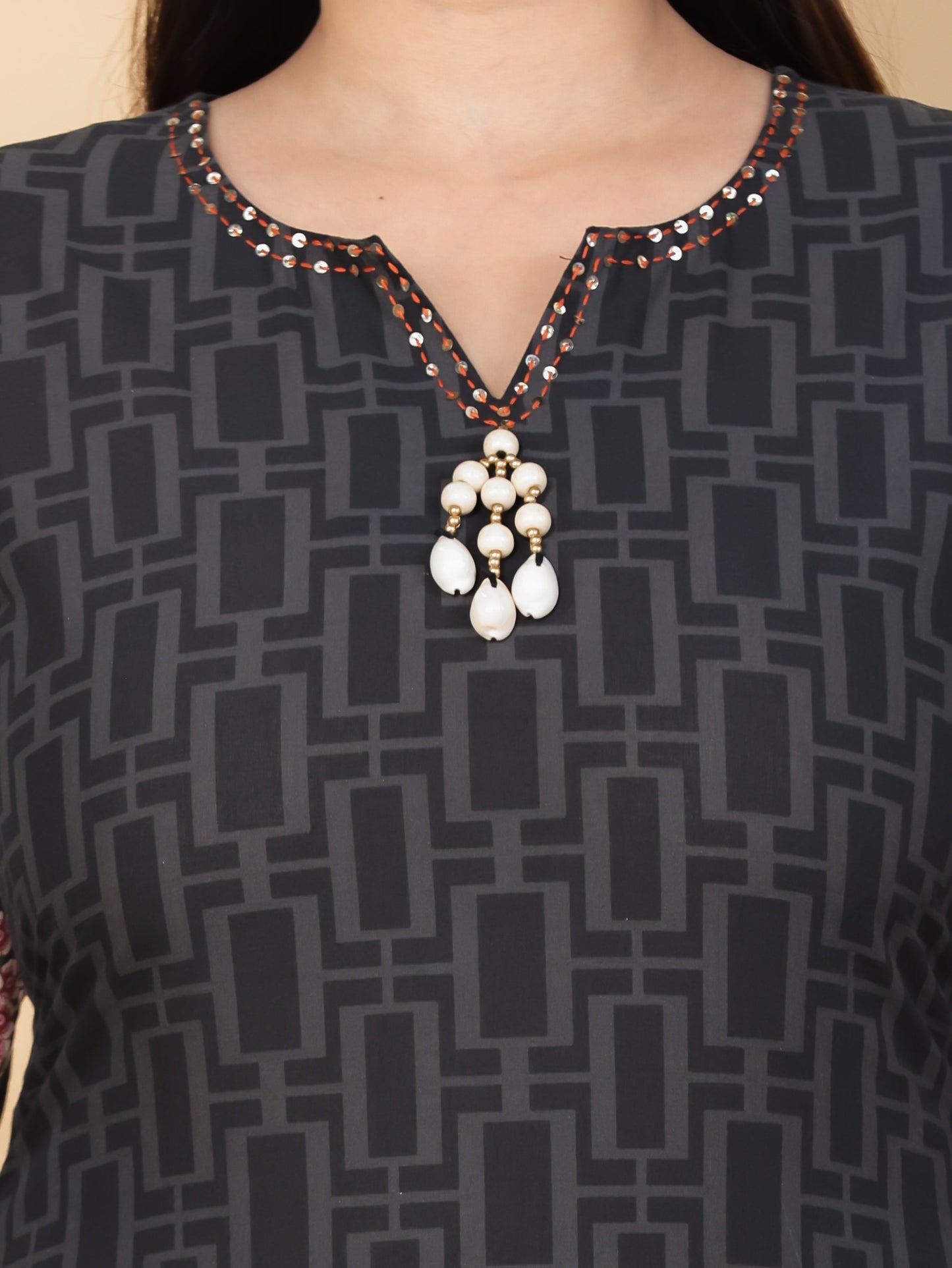 Embroidered Soft Cotton Placement Print Straight Black Kurta