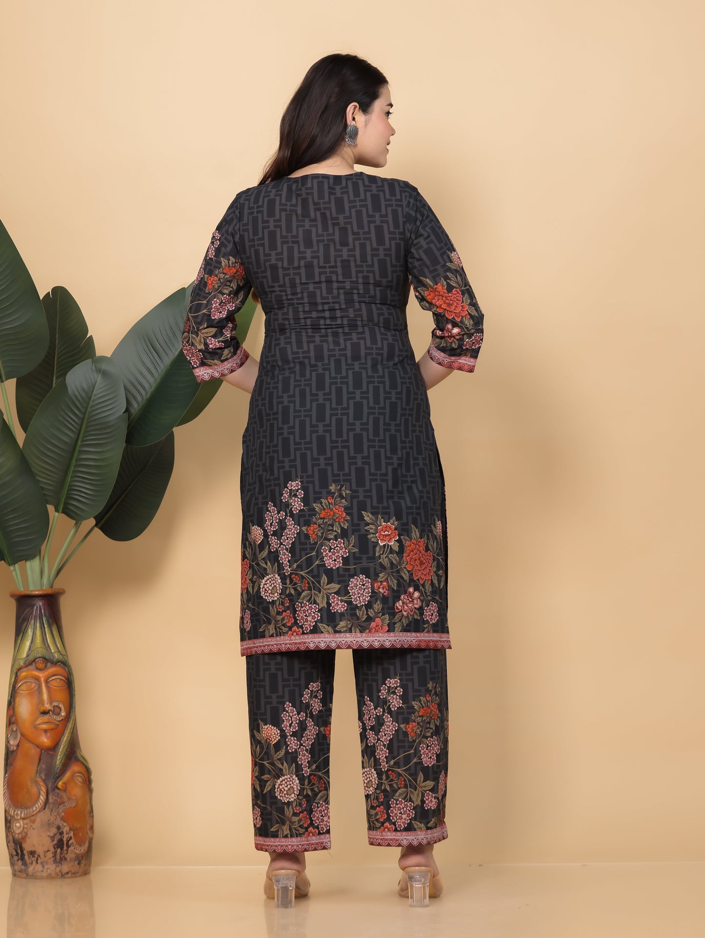 Embroidered Soft Cotton Placement Print Straight Black Kurta