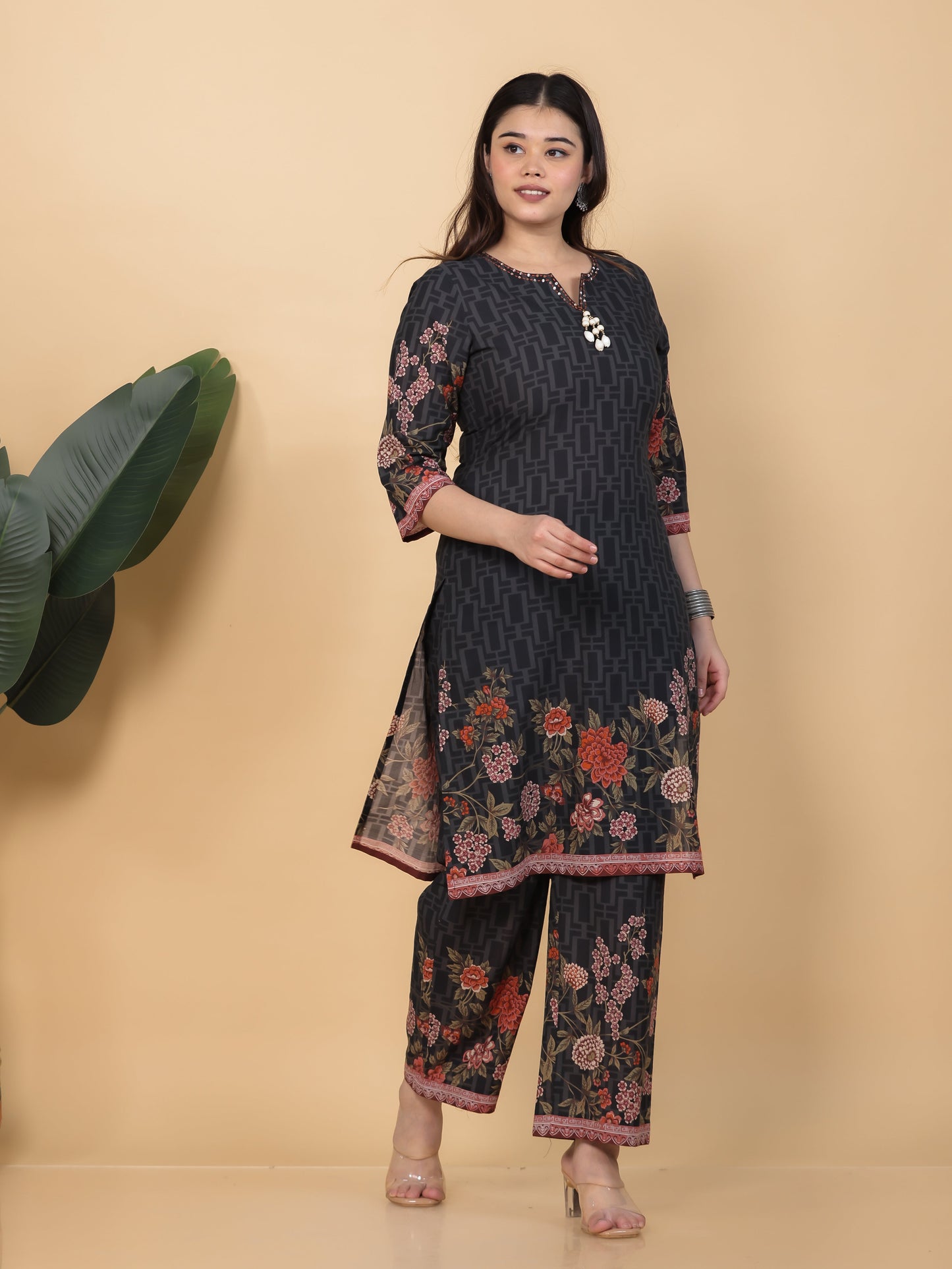 Embroidered Soft Cotton Placement Print Straight Black Kurta