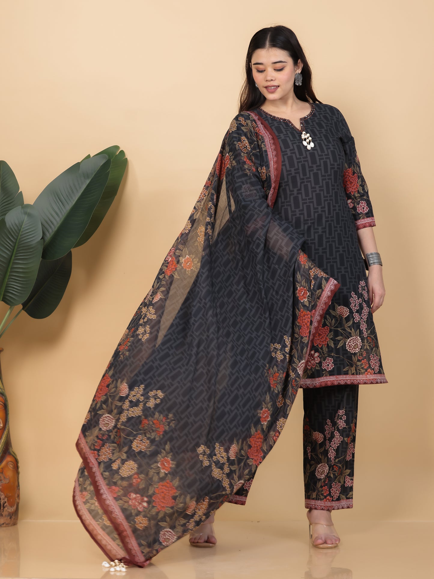 Embroidered Soft Cotton Placement Print Straight Black Kurta