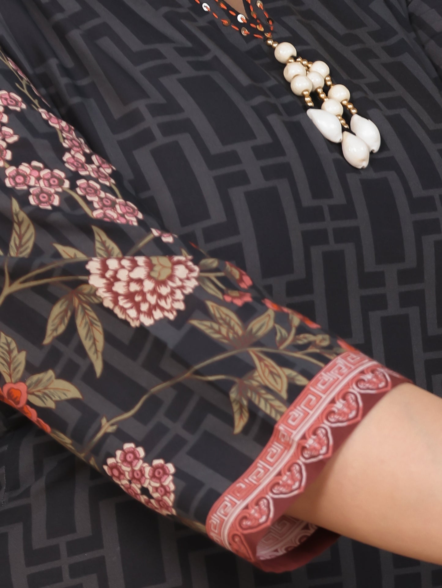 Embroidered Soft Cotton Placement Print Straight Black Kurta