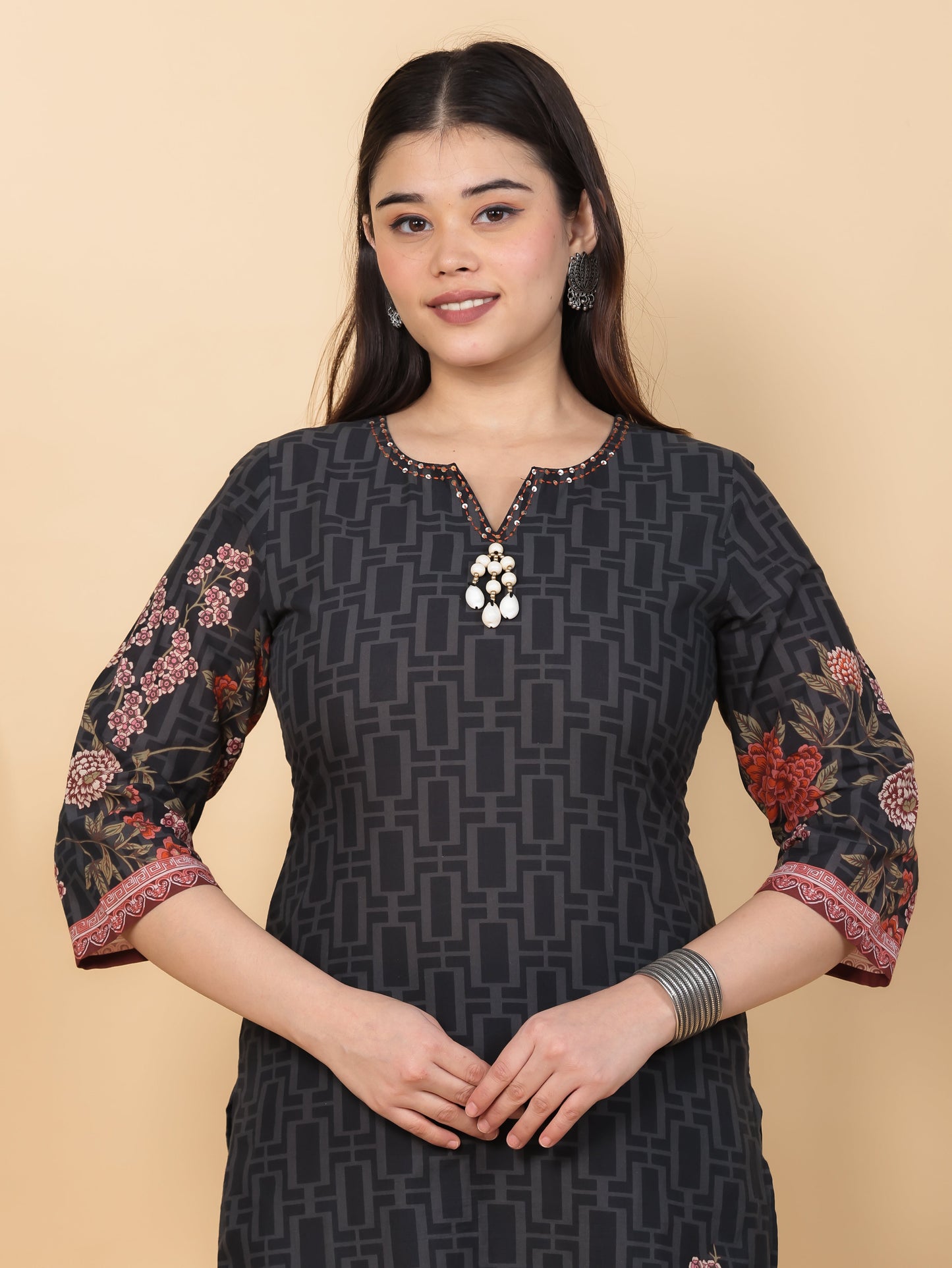 Embroidered Soft Cotton Placement Print Straight Black Kurta