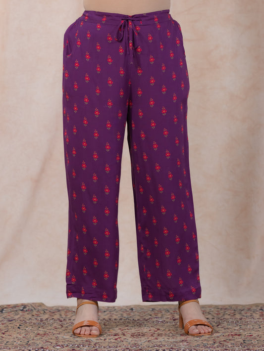 Viscose Floral Mauve Straight Straight Trousers