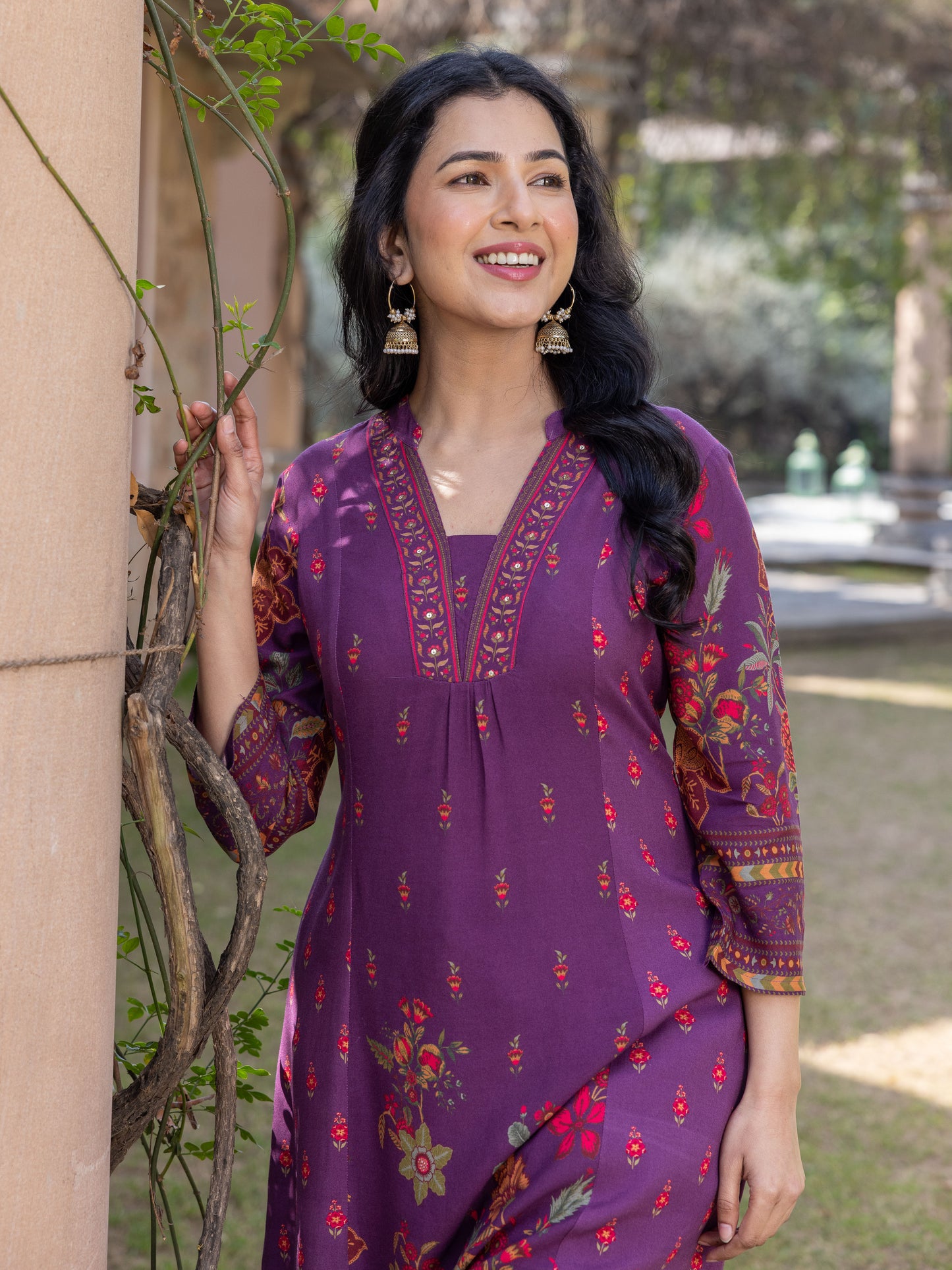 Embroidered Viscose Floral Flared Mauve Kurta
