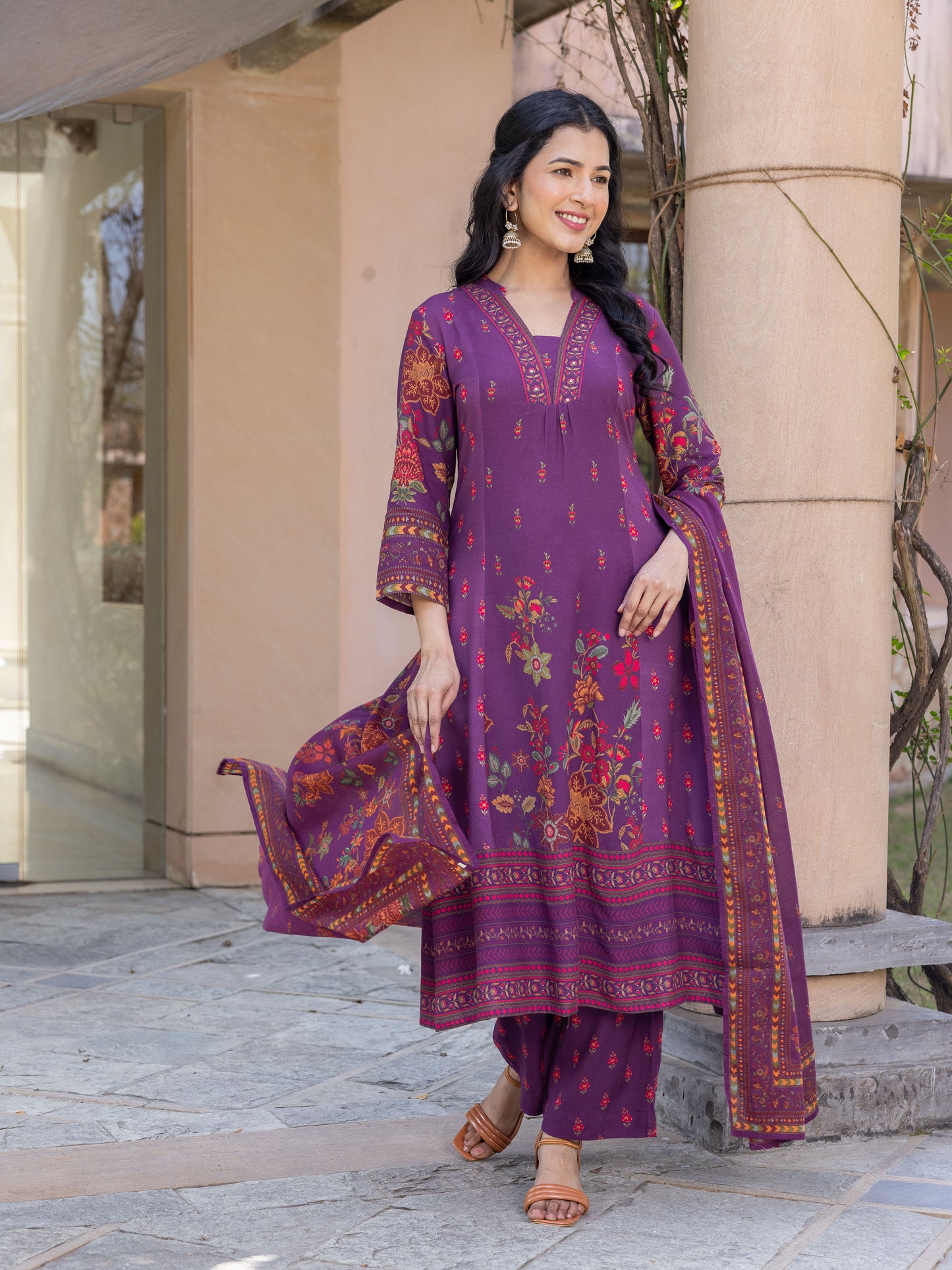 Embroidered Viscose Floral Flared Mauve Kurta