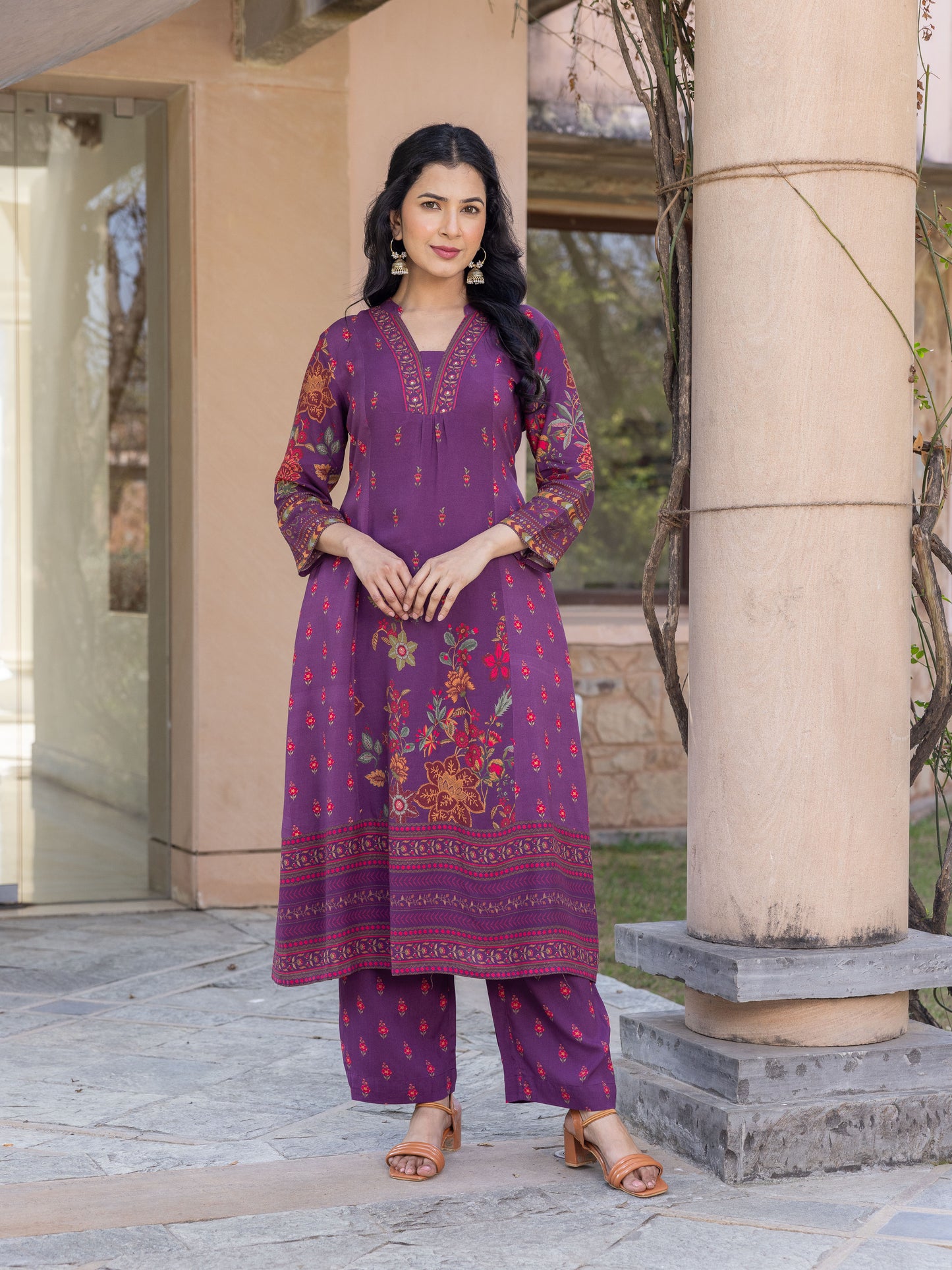 Embroidered Viscose Floral Flared Mauve Kurta