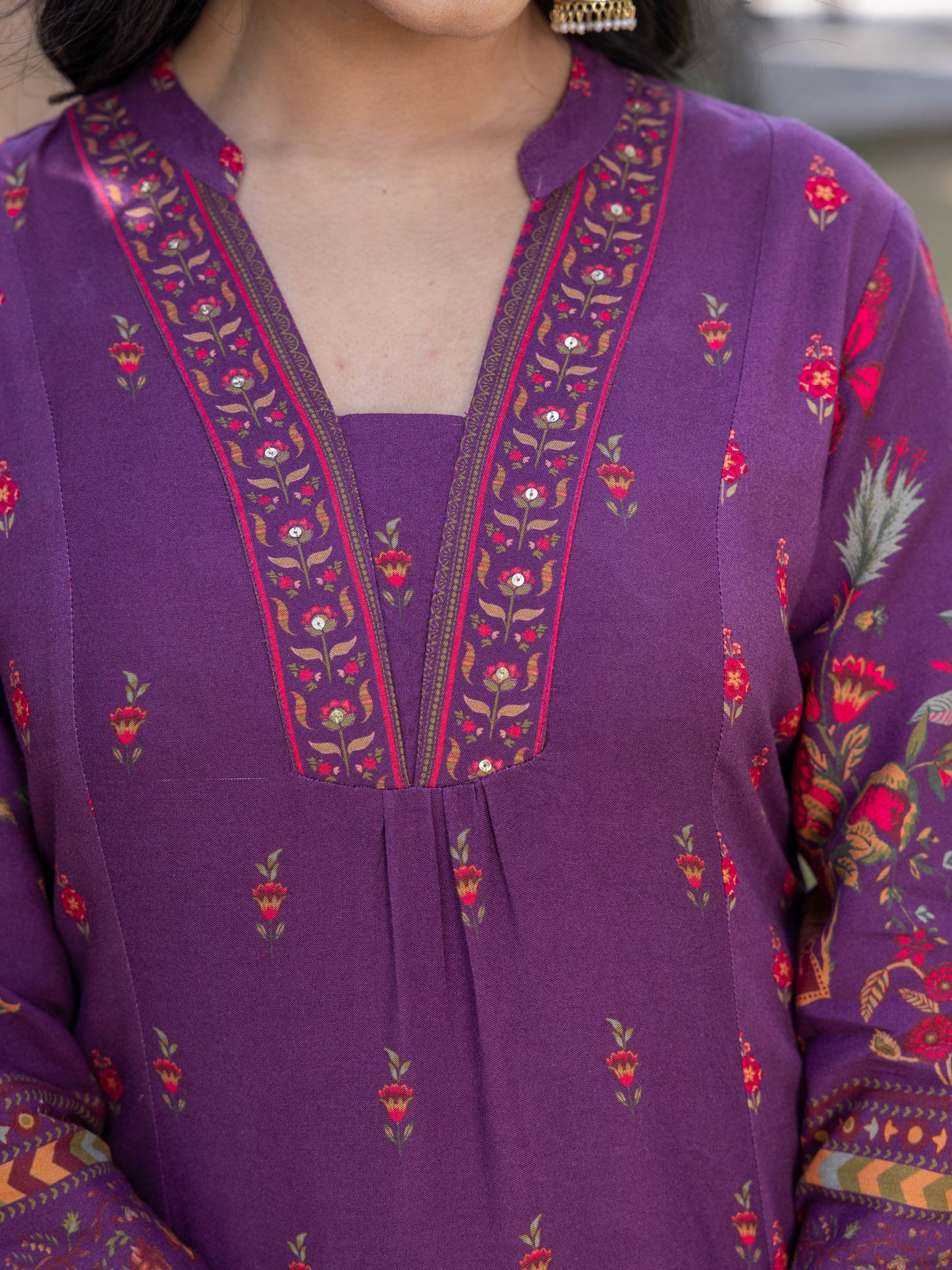 Embroidered Viscose Floral Flared Mauve Kurta
