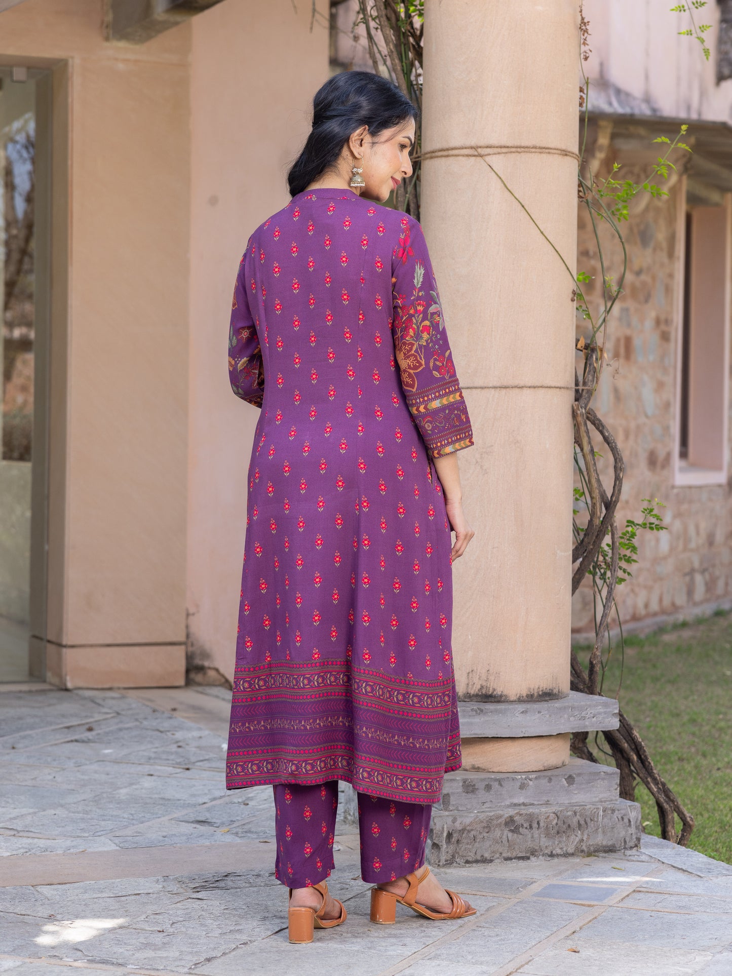 Embroidered Viscose Floral Flared Mauve Kurta