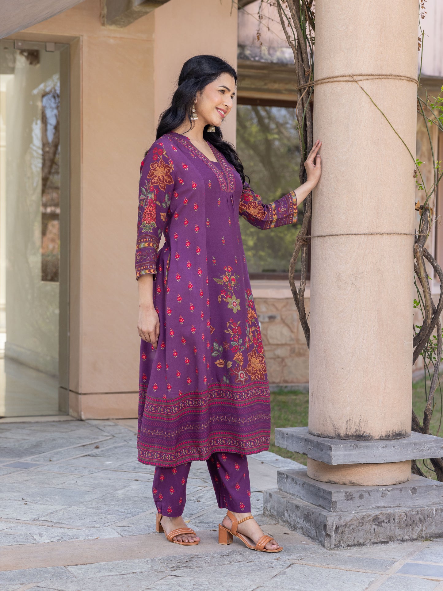 Embroidered Viscose Floral Flared Mauve Kurta