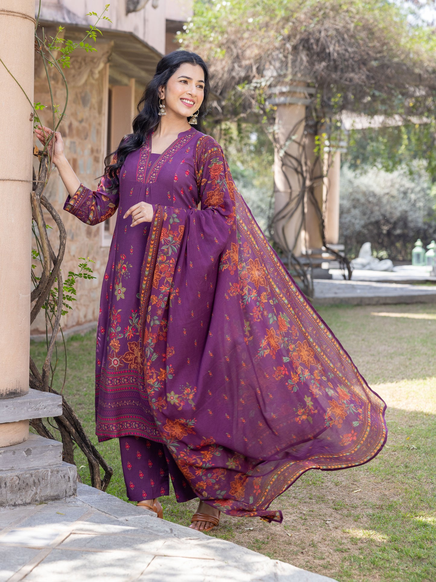 Embroidered Viscose Floral Flared Mauve Kurta