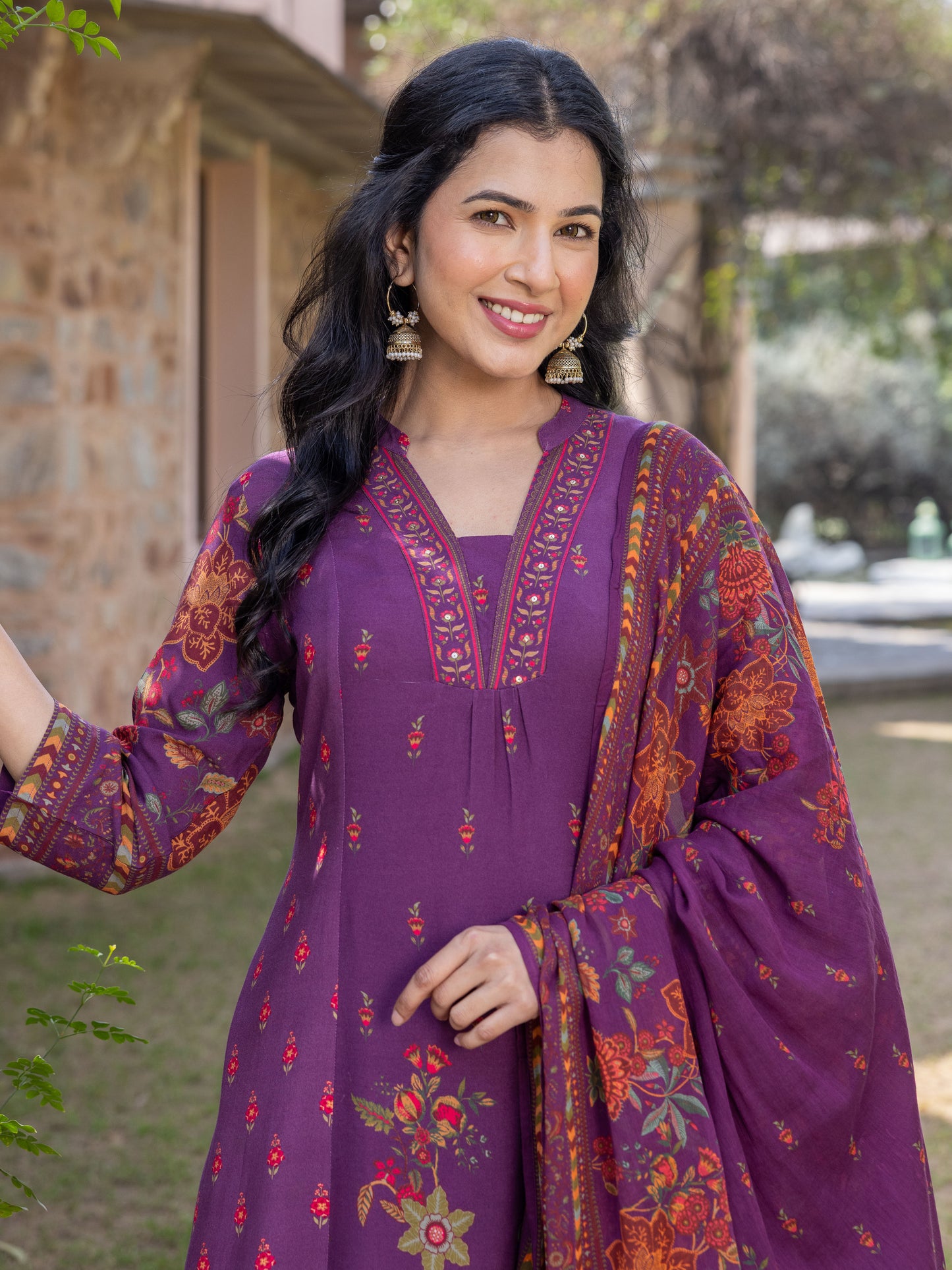 Embroidered Viscose Floral Flared Mauve Kurta
