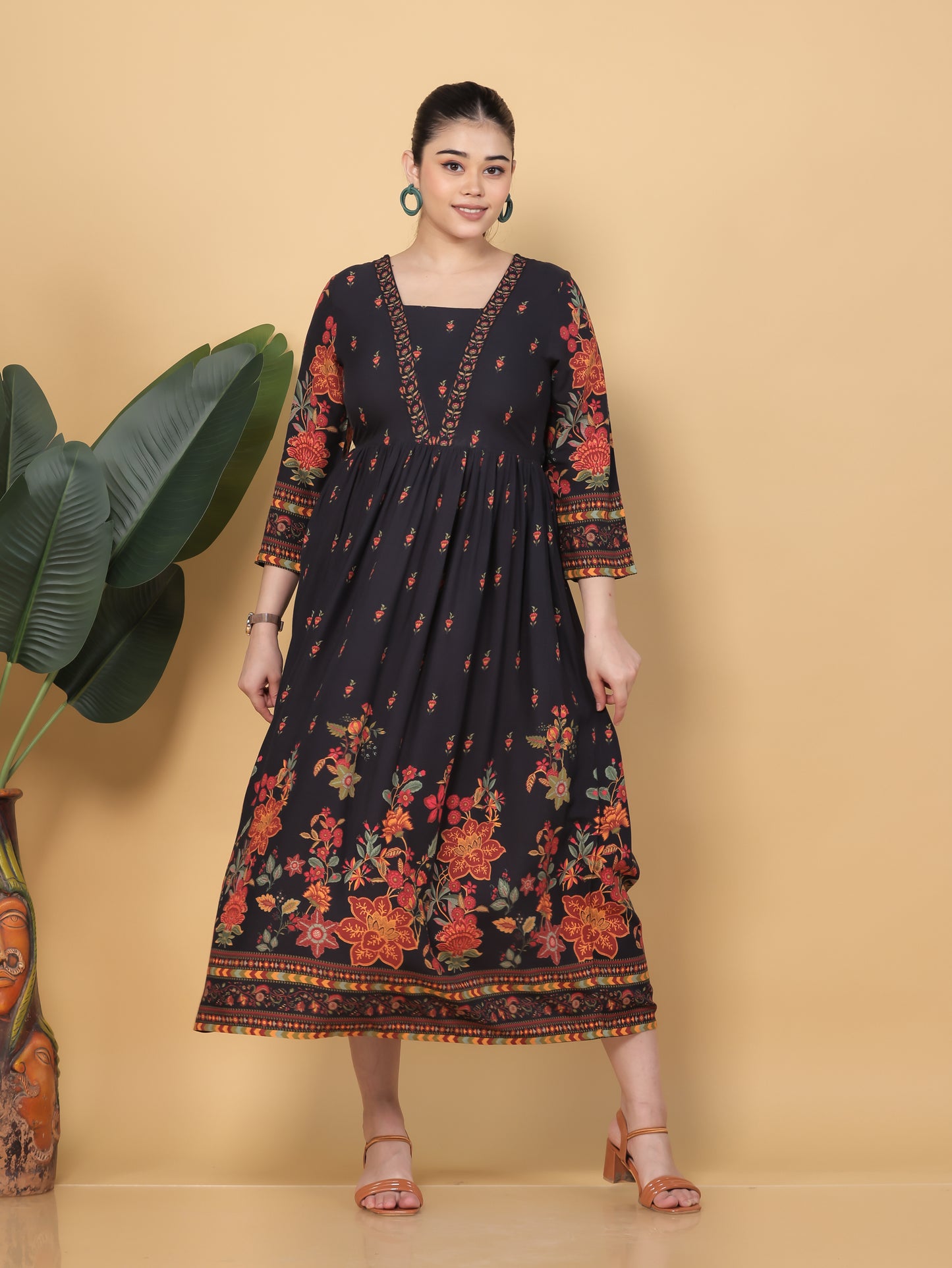 Viscose Placement Print Flared Black Dress
