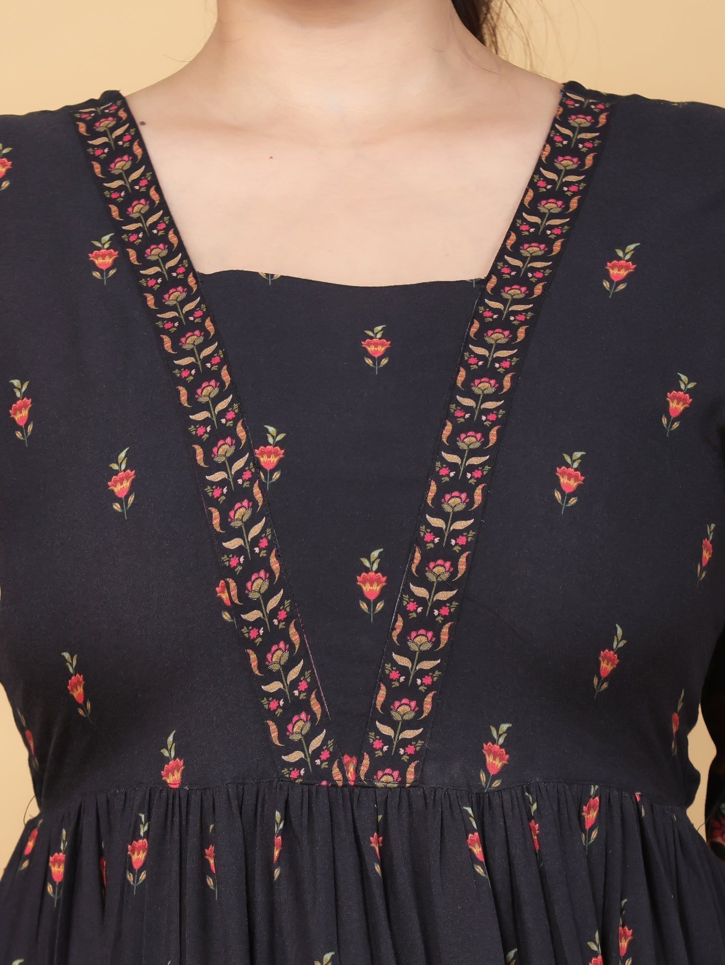 Viscose Placement Print Flared Black Dress