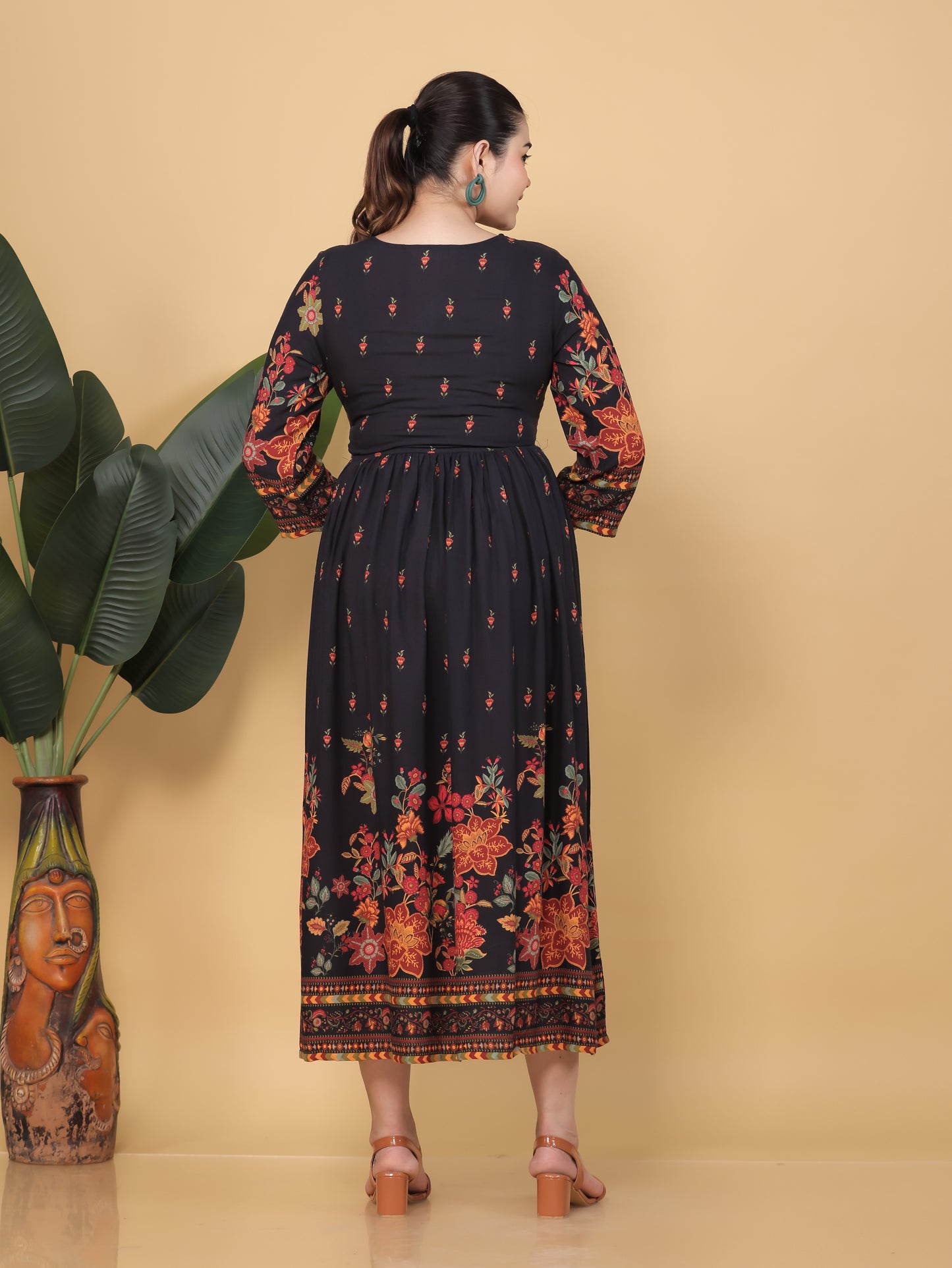 Viscose Placement Print Flared Black Dress