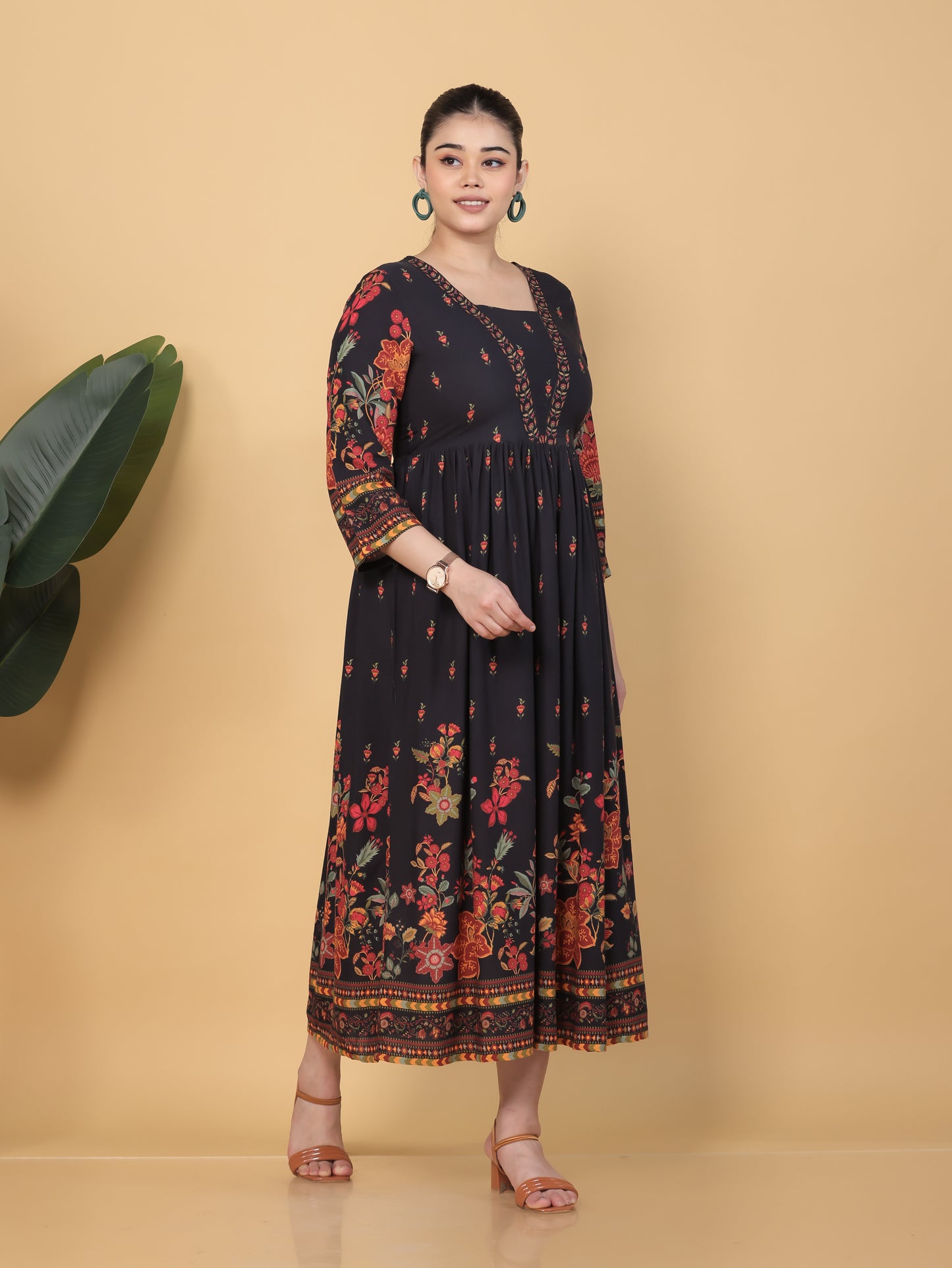 Viscose Placement Print Flared Black Dress