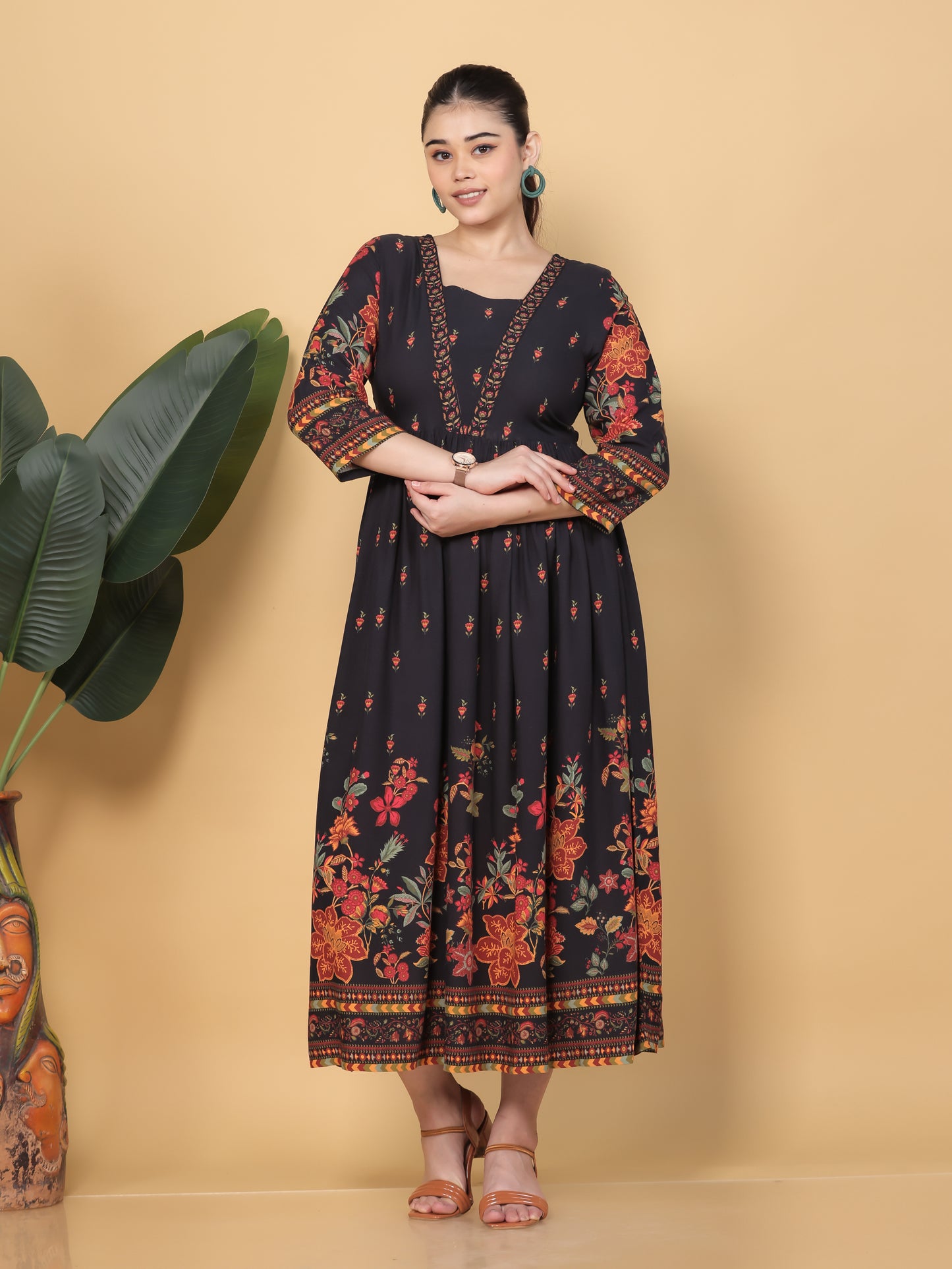 Viscose Placement Print Flared Black Dress