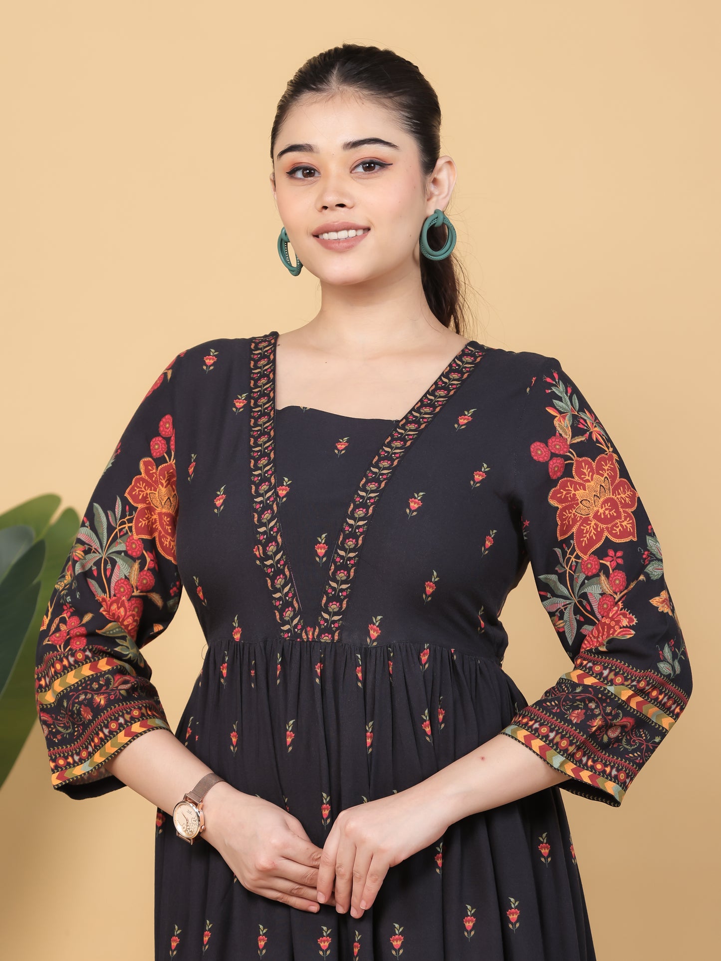Viscose Placement Print Flared Black Dress