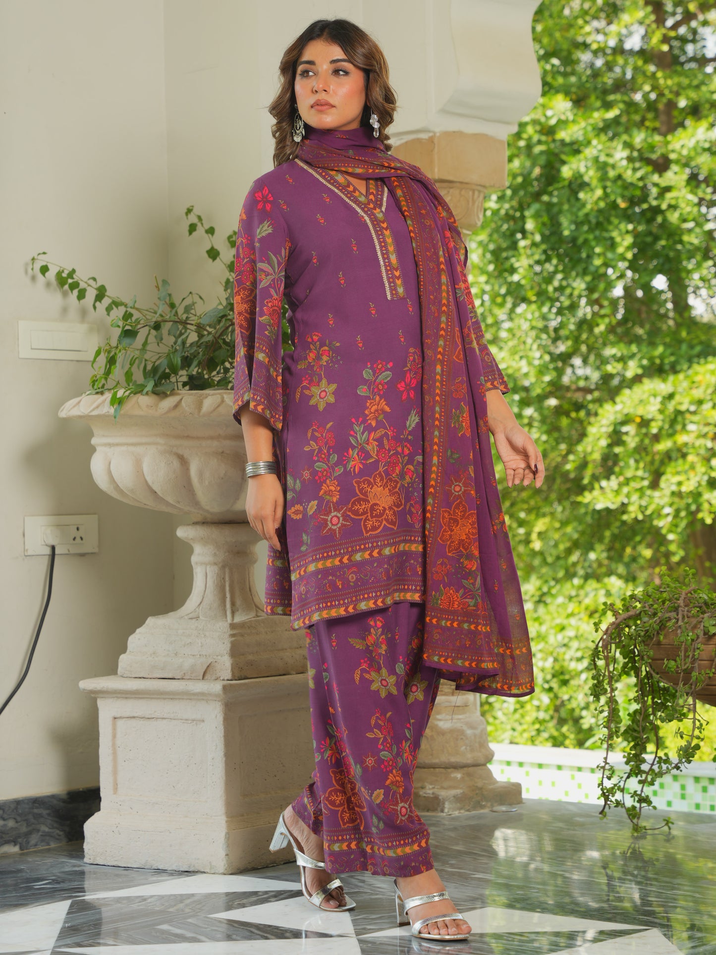 Viscose Placement Print Straight Mauve Kurta