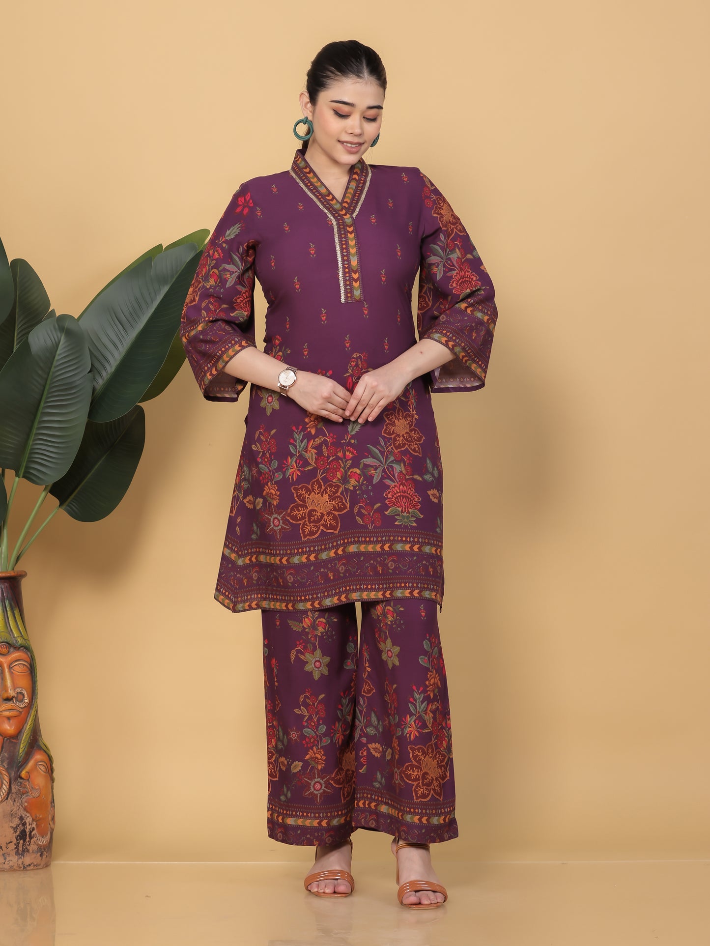 Viscose Placement Print Straight Mauve Kurta