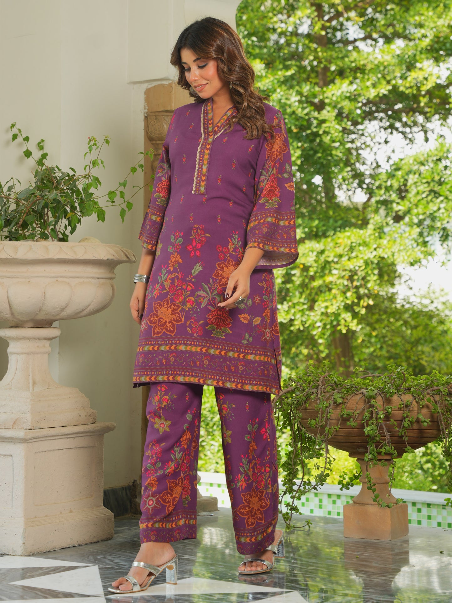 Viscose Placement Print Straight Mauve Kurta