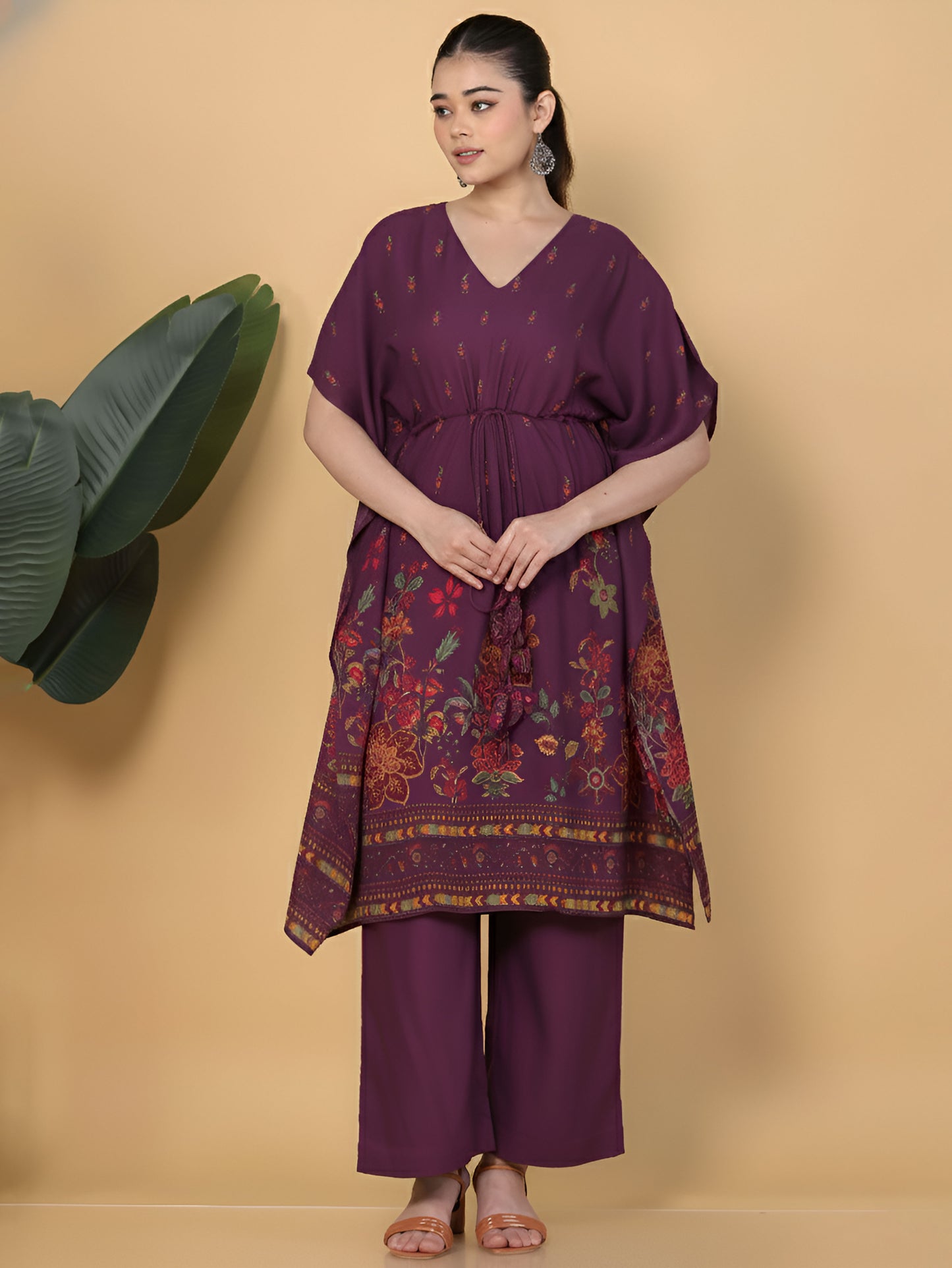 Viscose Placement Print Kaftan Mauve Kurta