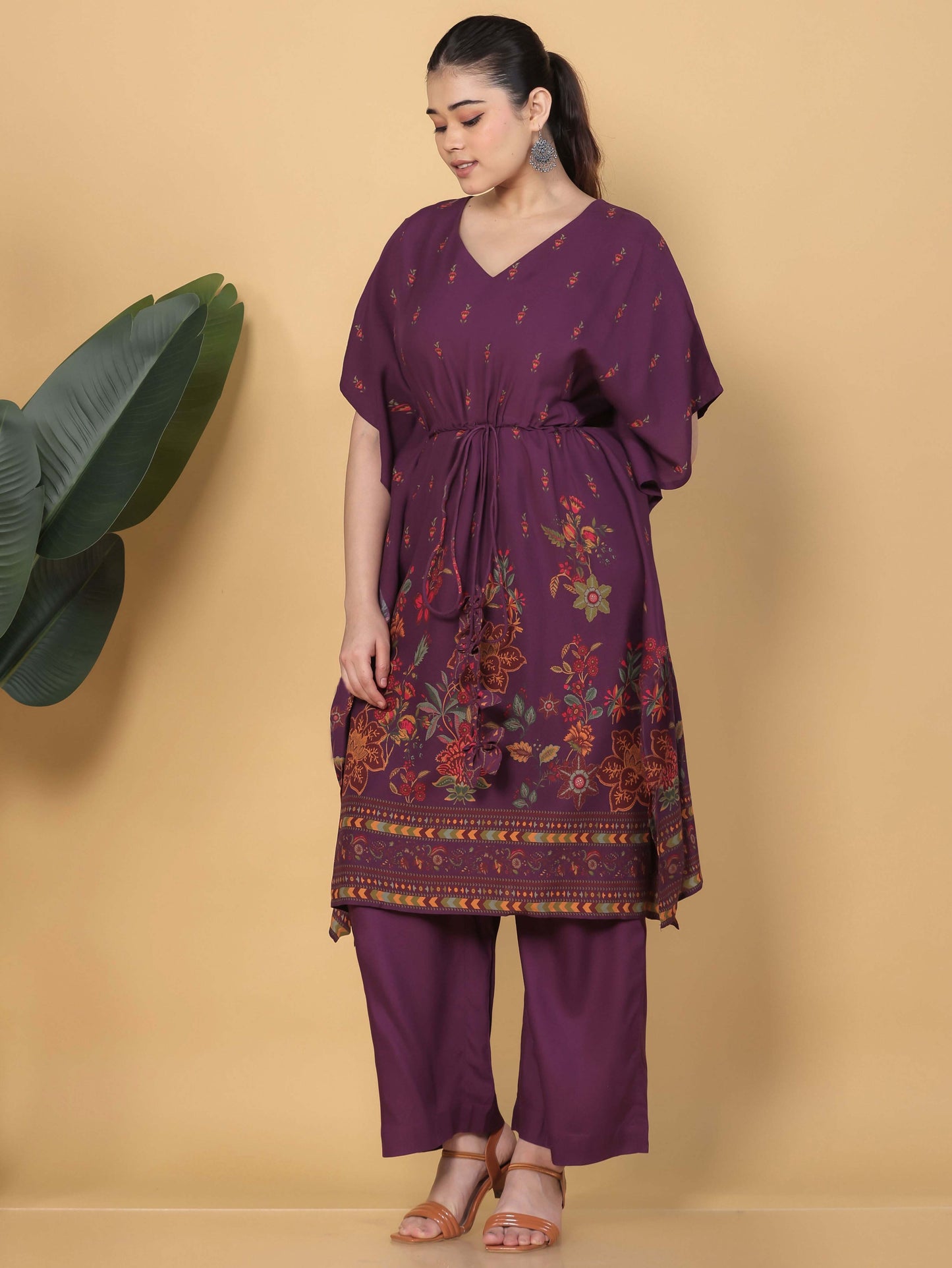Viscose Placement Print Kaftan Mauve Kurta